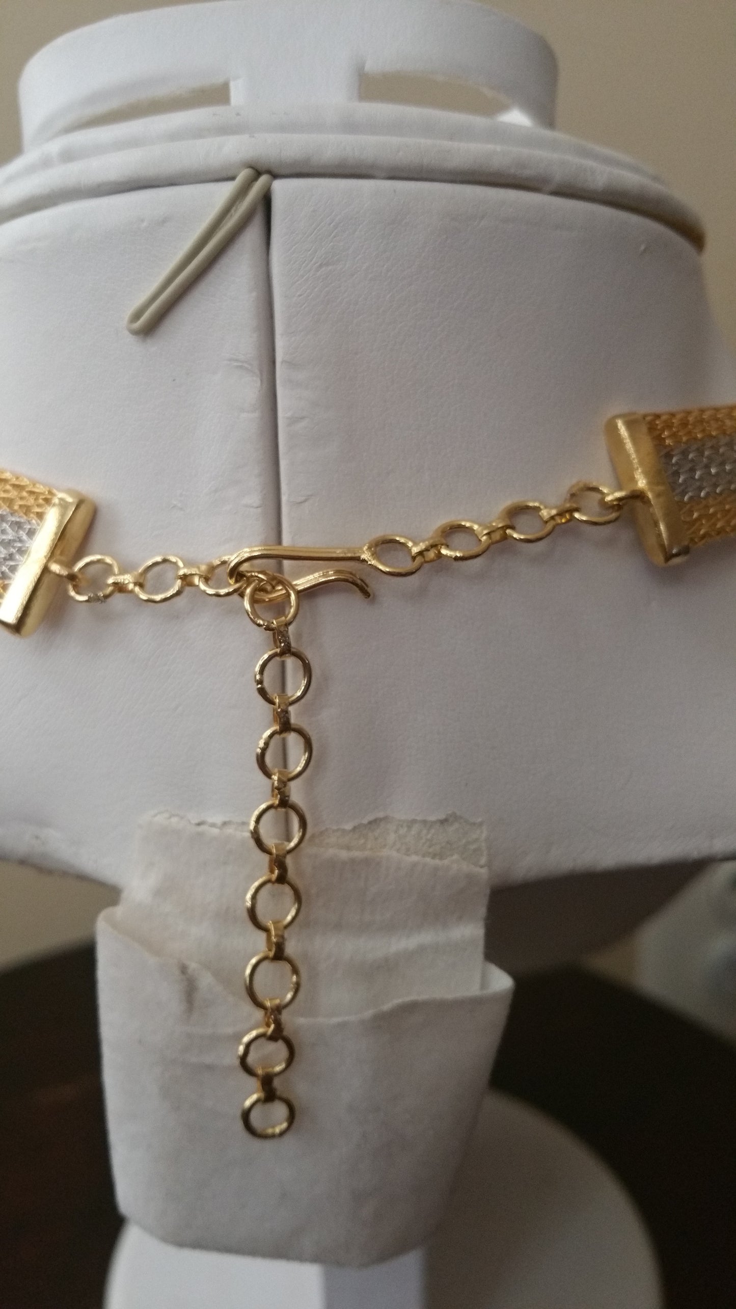 Clearance: 3pcs choker pendant set in 22k electroplating gold set. CZ stones in white and Green dazzling stones. Sold as a set