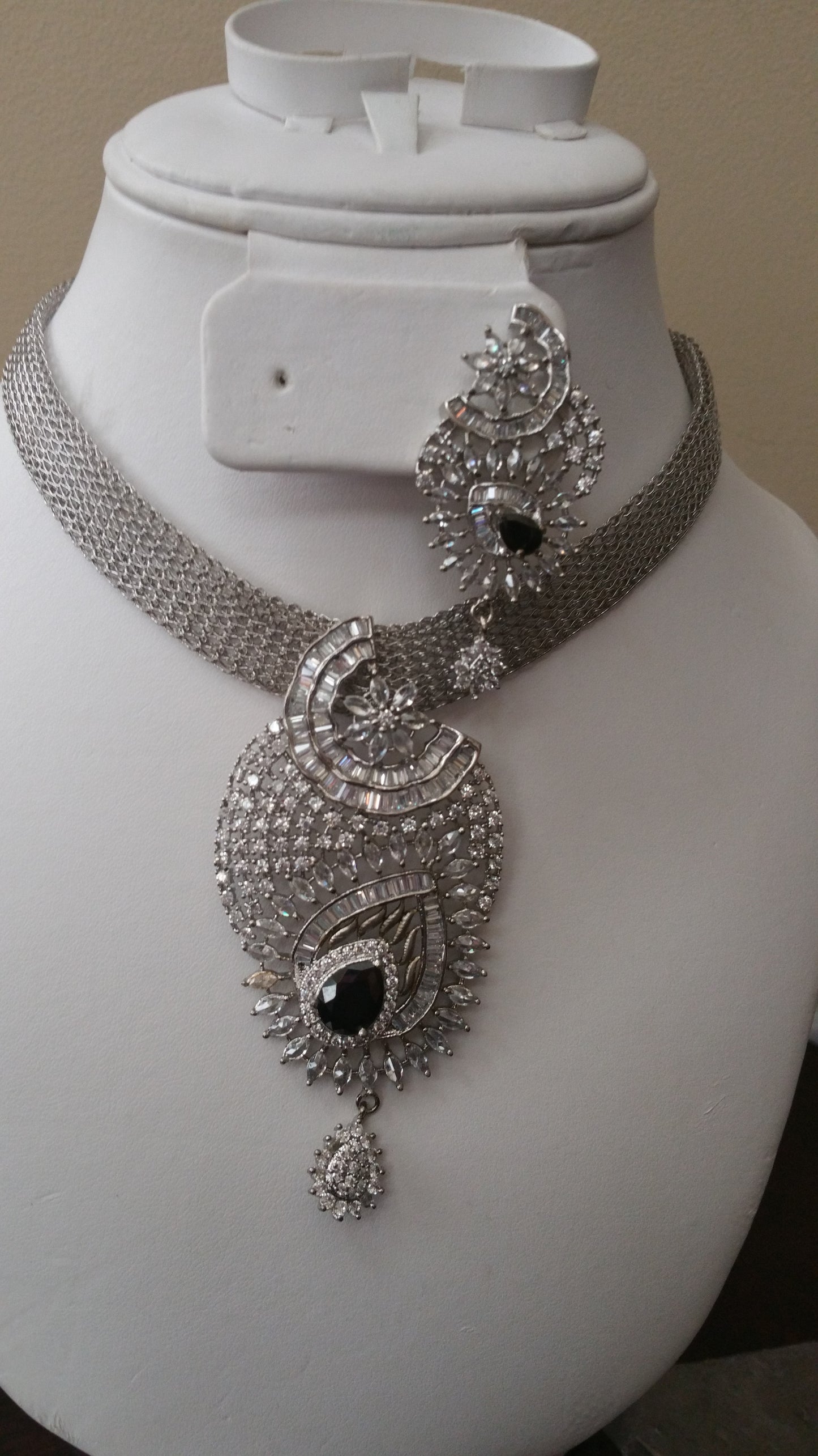 22k electroplated Silver set with CZ stones Jewelry set. Silver choker/matching earrings. Sold as a set