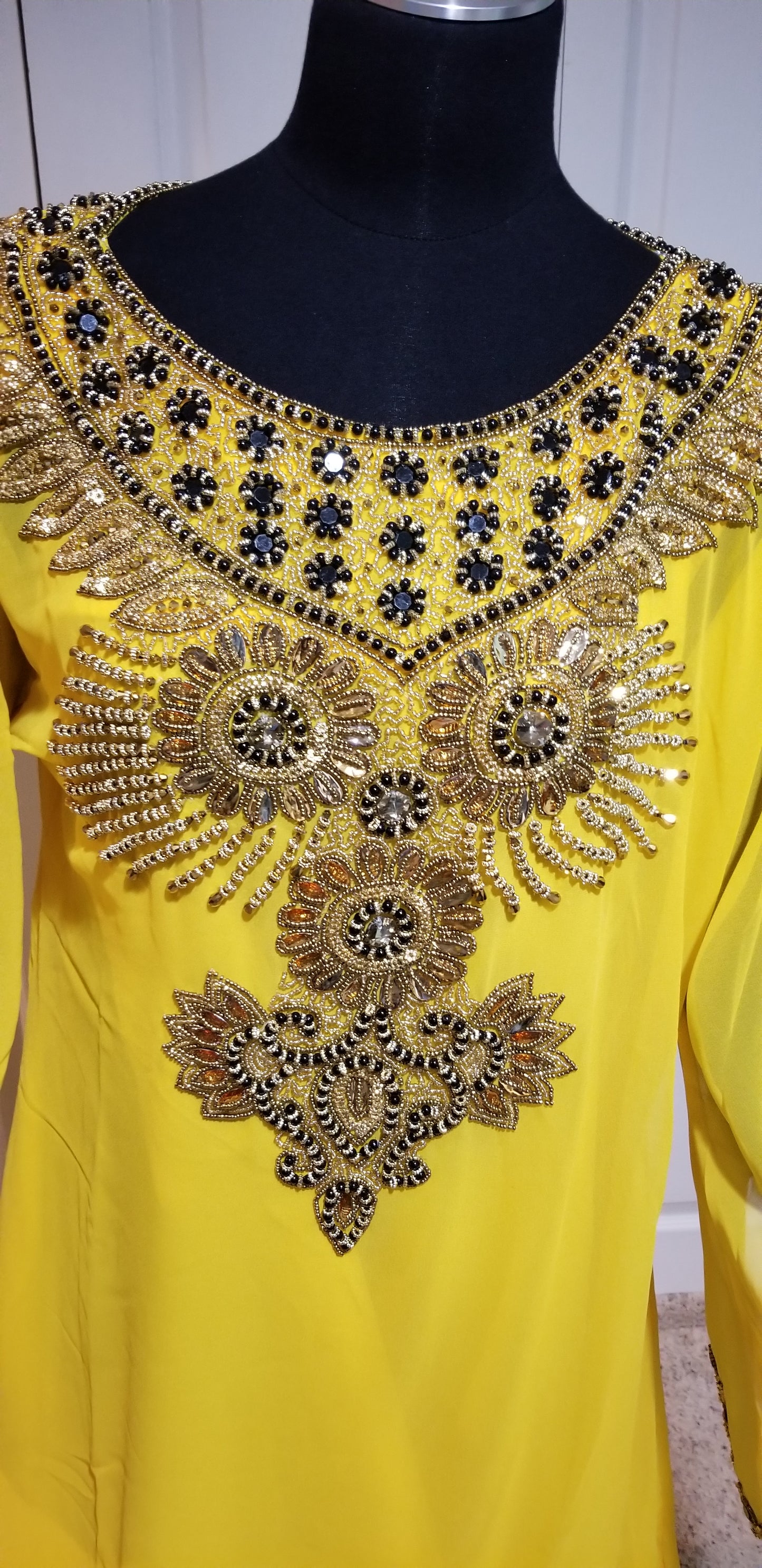 Beautiful sweet Yellow color Dubai long Kaftan dress. Available in size XL. Original quality beaded and stoned.