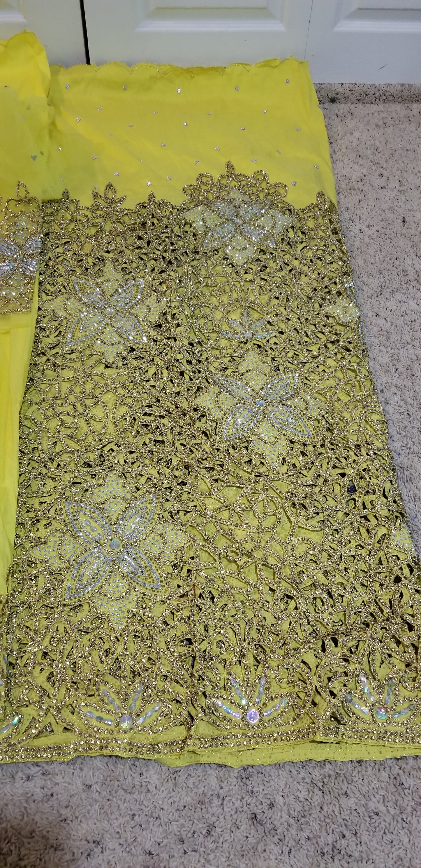 Yellow VIP crystal hand stoned celebrant George wrapper for Nigerian Ceremonies such as weddings. Igbo/Niger Delta wedding George. Sold as a set of wrapper and matching net blouse