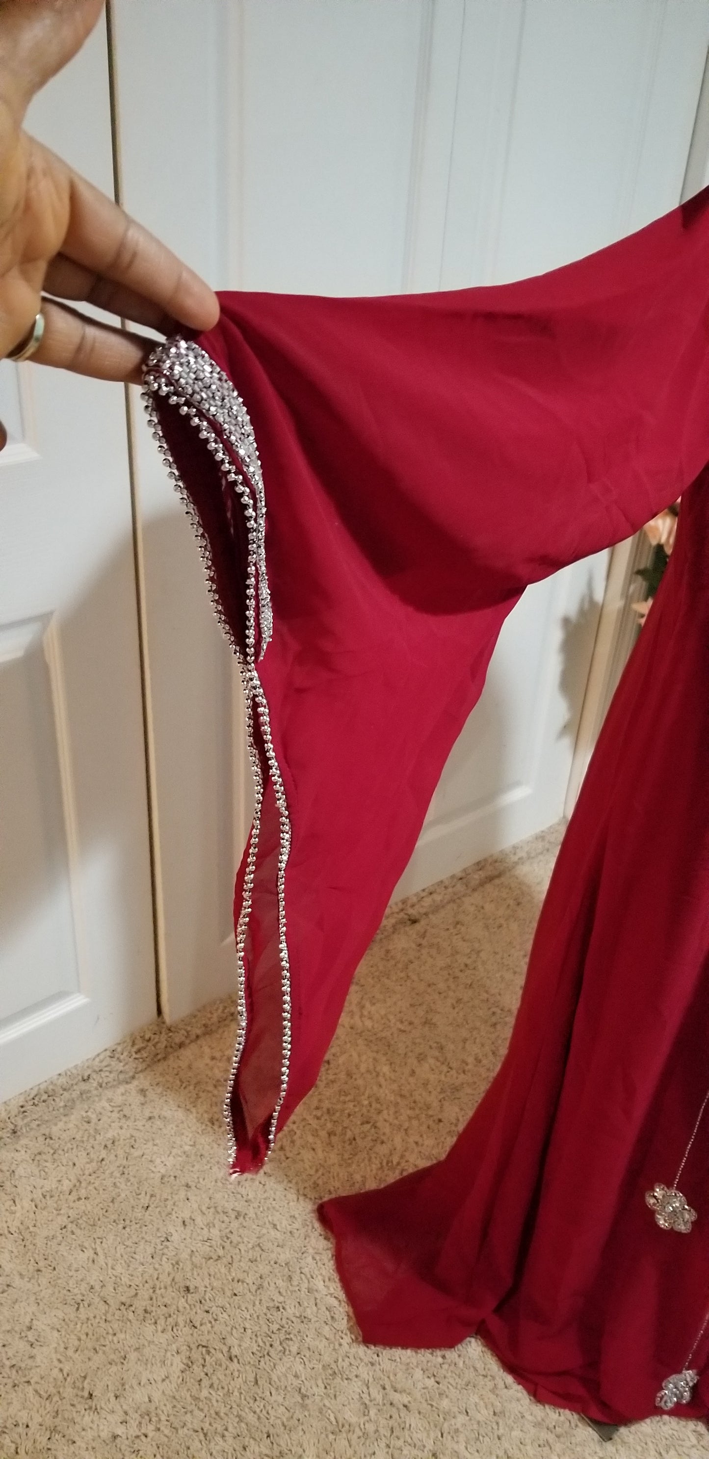 CLEARANCE SALE: : Wine Red Indian kaftan long dress hand beaded with silver Crystal stones to perfection. Size Large, fits size 46" Burst. Comes with inner belt for fit adjustment