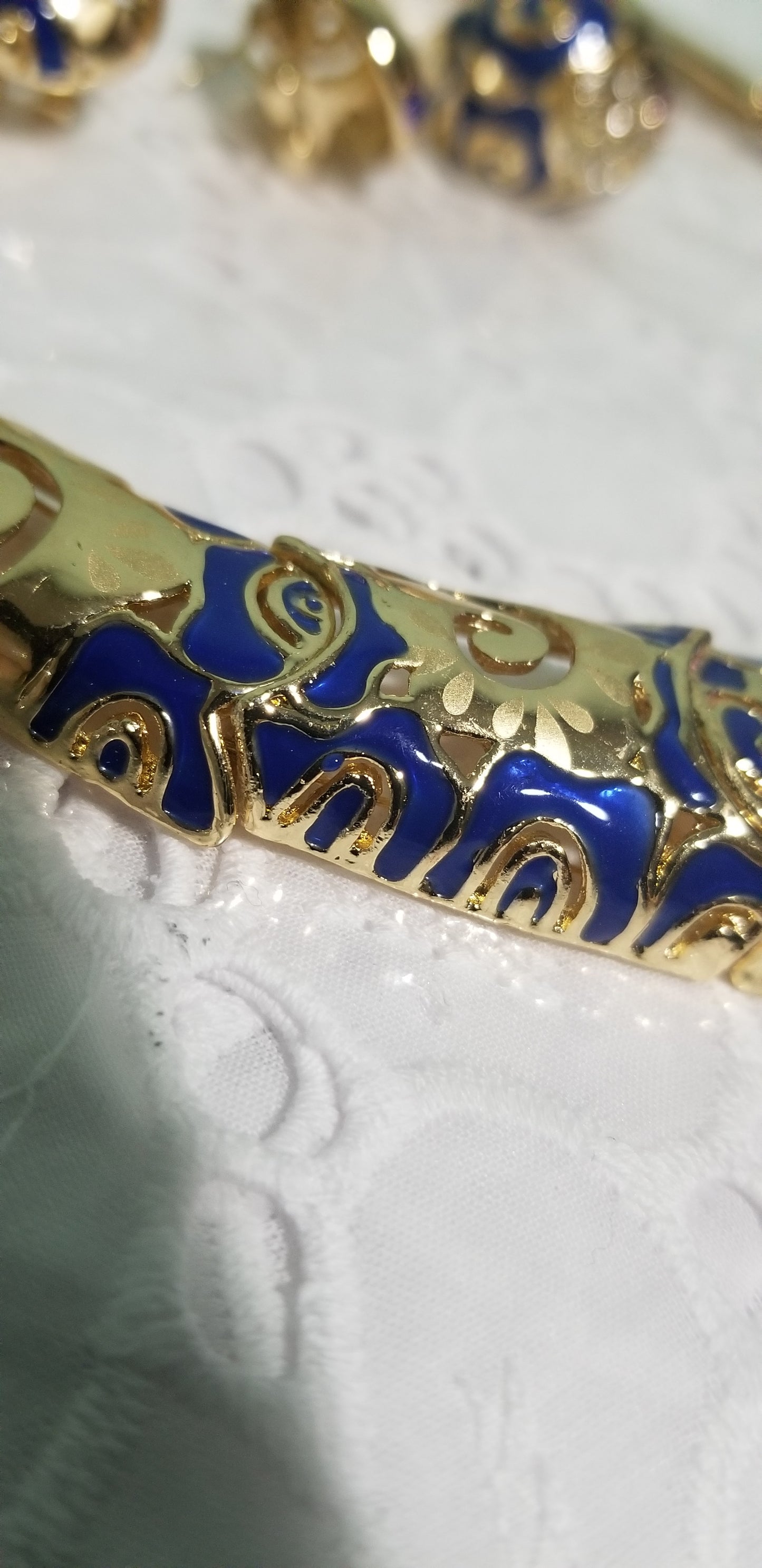 18k high quality Gold plating Dubai Jewelry set. 4piece necklace, earrings, bangle, ring set. Gold/royal blue design. party Jewelry set.