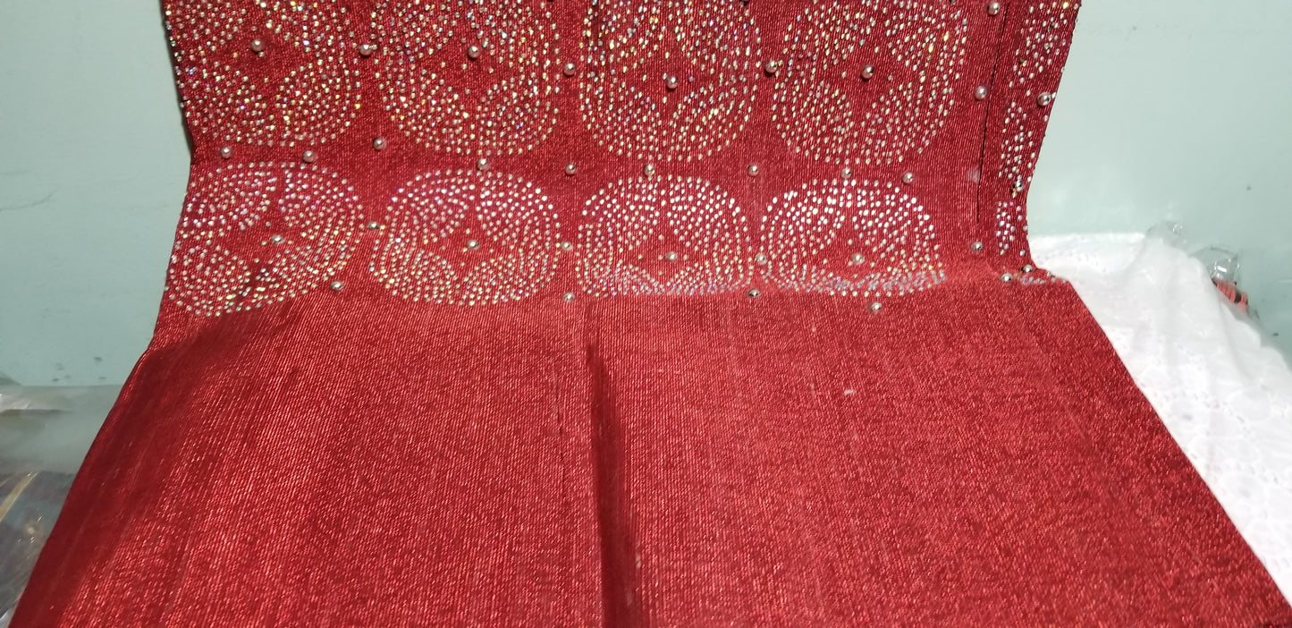 Deep Red Aso-oke Gele with Bead-dazzled border for a more fancy head wrap. Latest design of Nigerian Traditional gele. Supper quality aso-oke