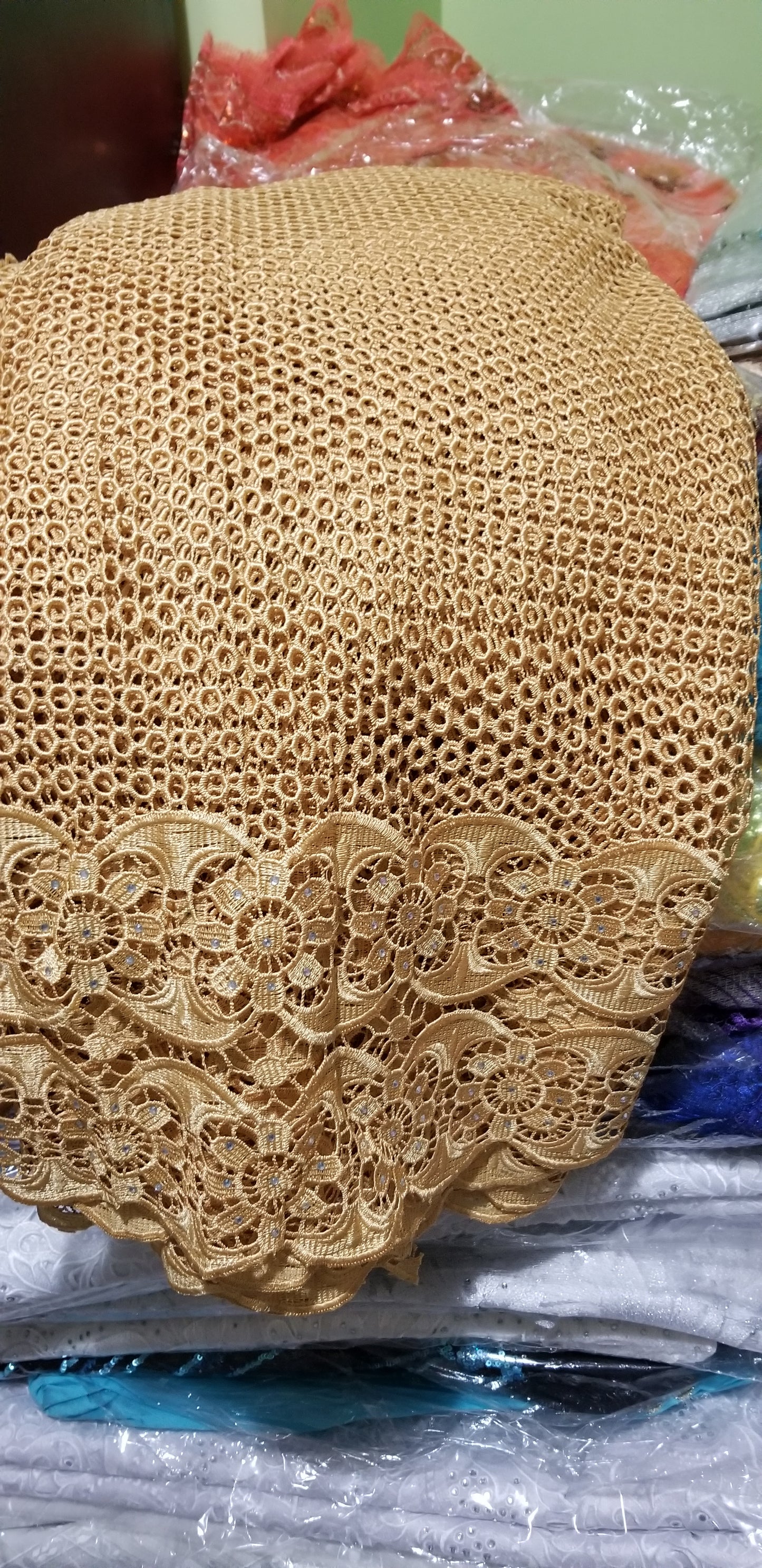 Gold Cord-lace fabric for making african garment. Sold per 5yds. Price is for 5yds. Nigerian guipure lace