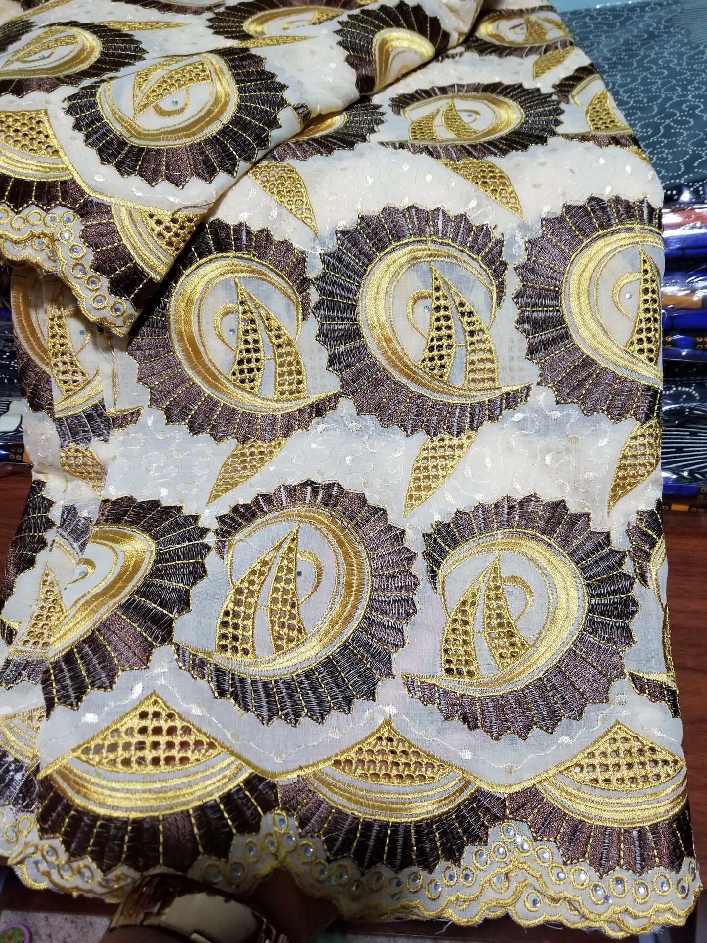 Clearance sale: swiss voile lace fabric for men and women. Sold per 5yds, price is for 5yds beige/chocolate brown. Embriodery lace fabric for African native outfit. Price is for 5yds