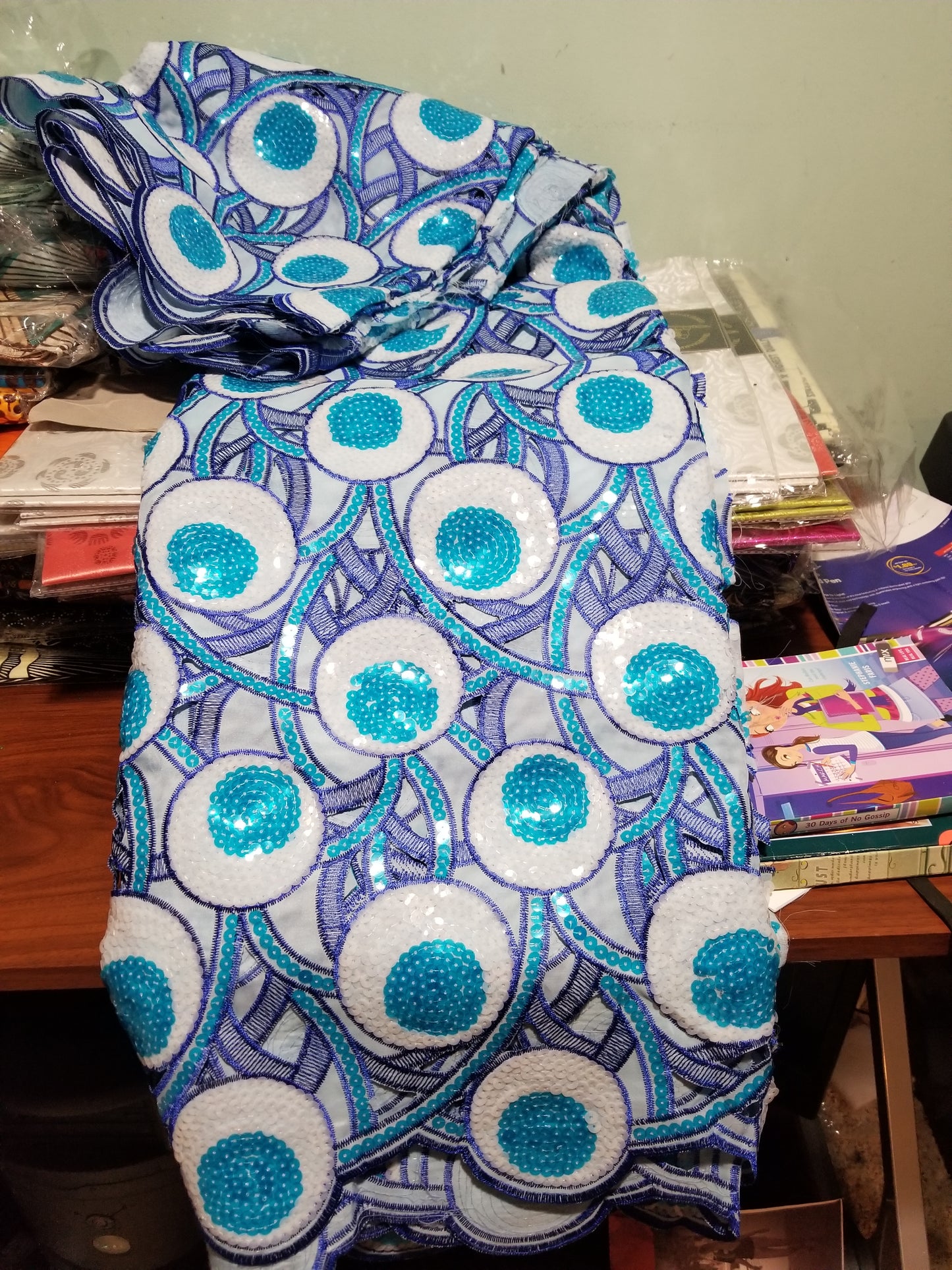 Royal/turquoise blue Double Organza swiss lace Fabric. Beautiful handcut lace embellished with sequence. Classic Big Nigerian party lace sold per 5yds. White/royalblue/turquoise