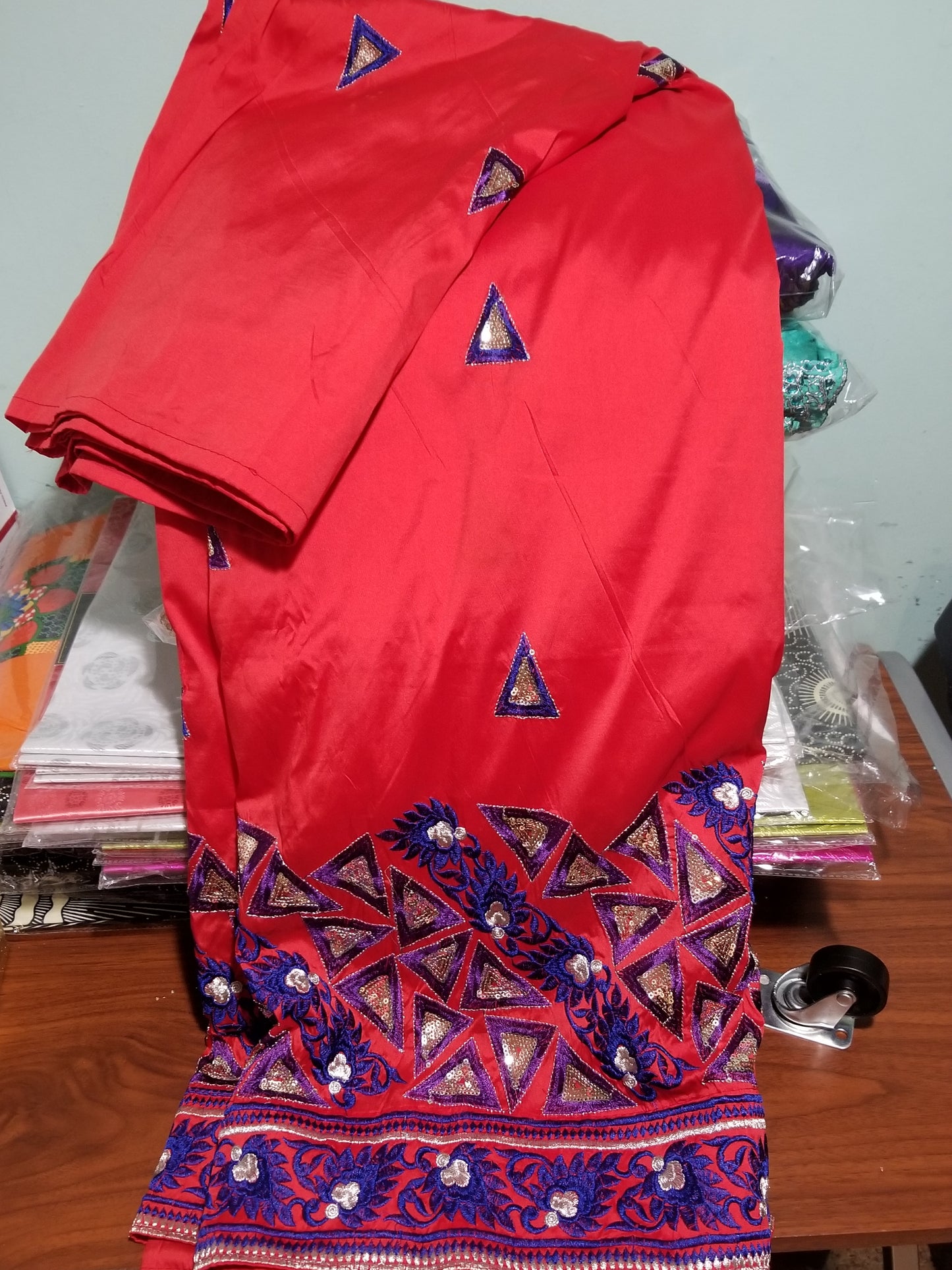 Red African George wrapper embriodered with royalblue/purple/silver. Original quality Silk George fabric for African party dress or wrapper. Sold per 5yds. Small-George.