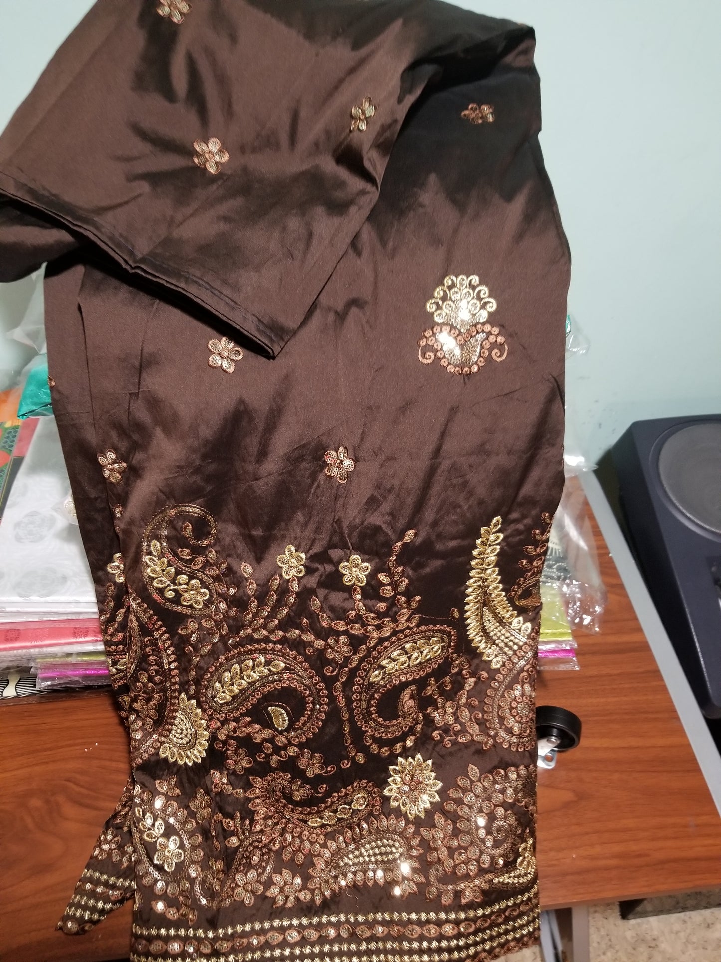 Clearance item: Chocolate brown/Gold Embriodery silk Geoge fabric. Original quality George for making African party dress. Indian-George sold per 5yards and price is for 5yds