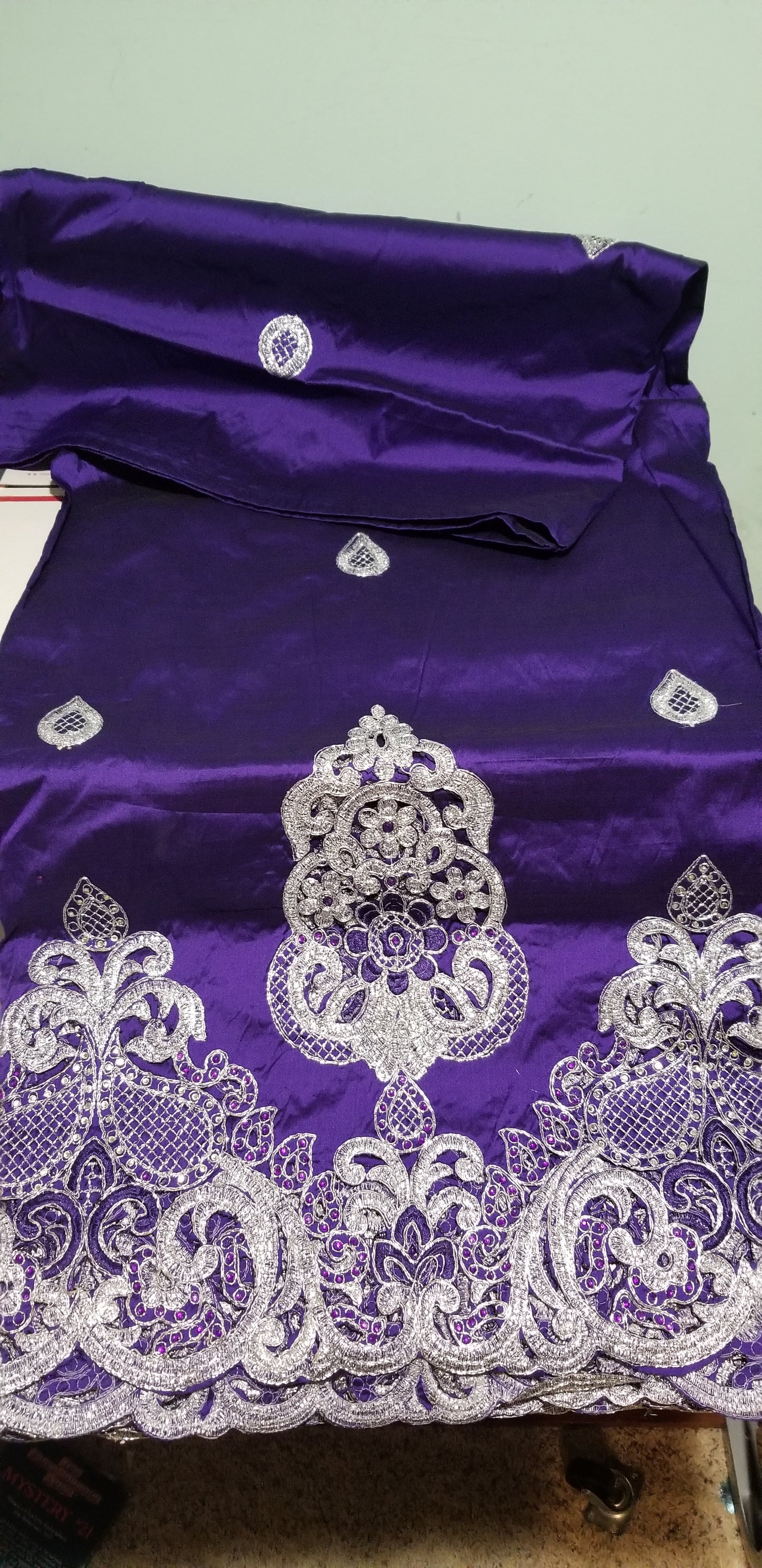 Purple/silver Embriodery Indian-George fabric for making Nigerian/African party dresses. Sold as 5yds+1.8yds matching net blouse. Top quality silk George. Contact us for Aso-ebi order.