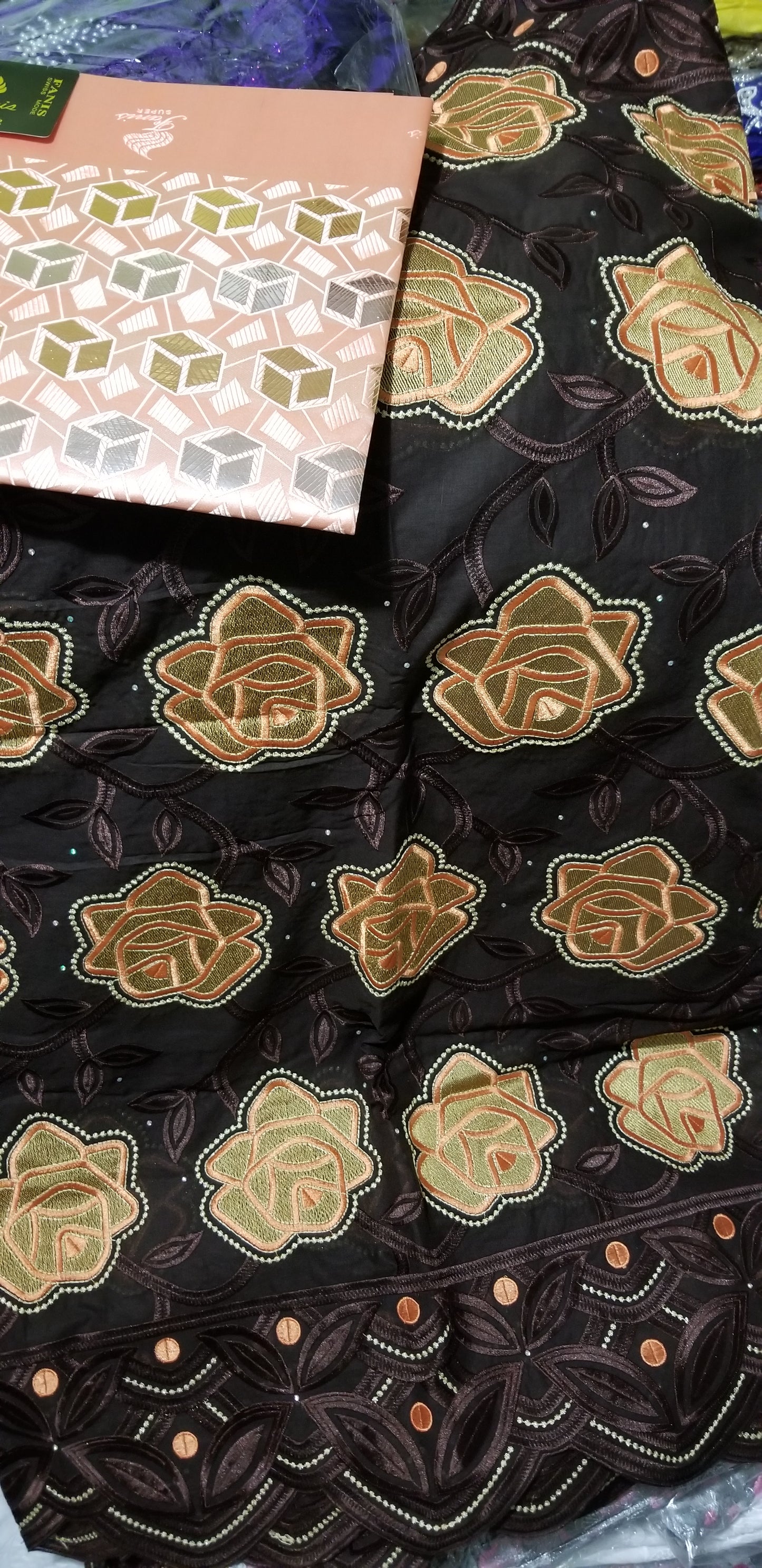 Bonus sale: Chocolate/peach original Swiss lace fabric for making Nigerian party outfit for men and women. Coffee brown background. Sold as 5yds+ free headtie and price is for 5yds.