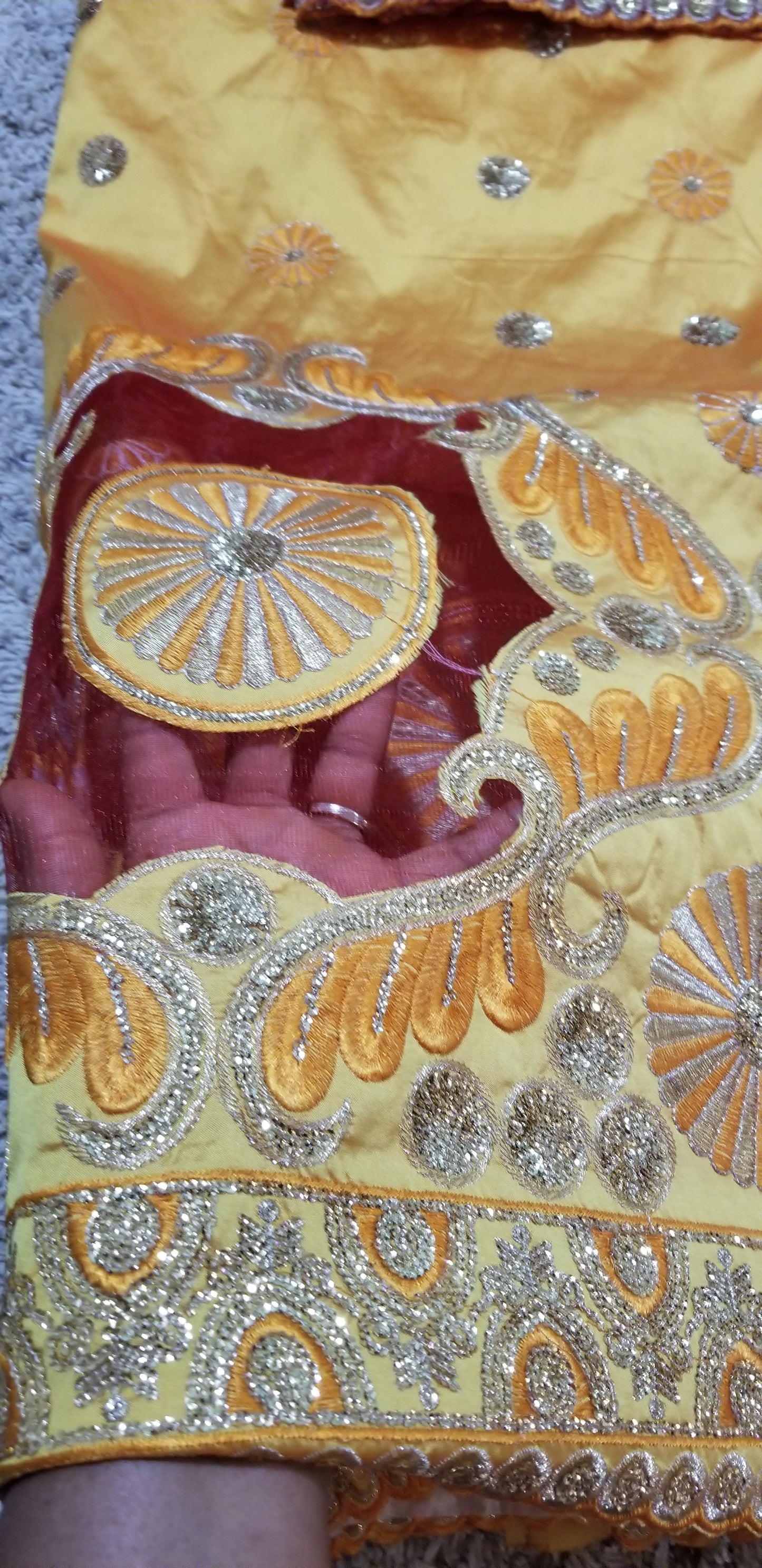 Gold silk George fabric. Embriodered/sequence with wine matching net blouse. Sold as a set. Indian-George use for Nigerian wrapper, skirt/ blouse or dresses. Aso-ebi George
