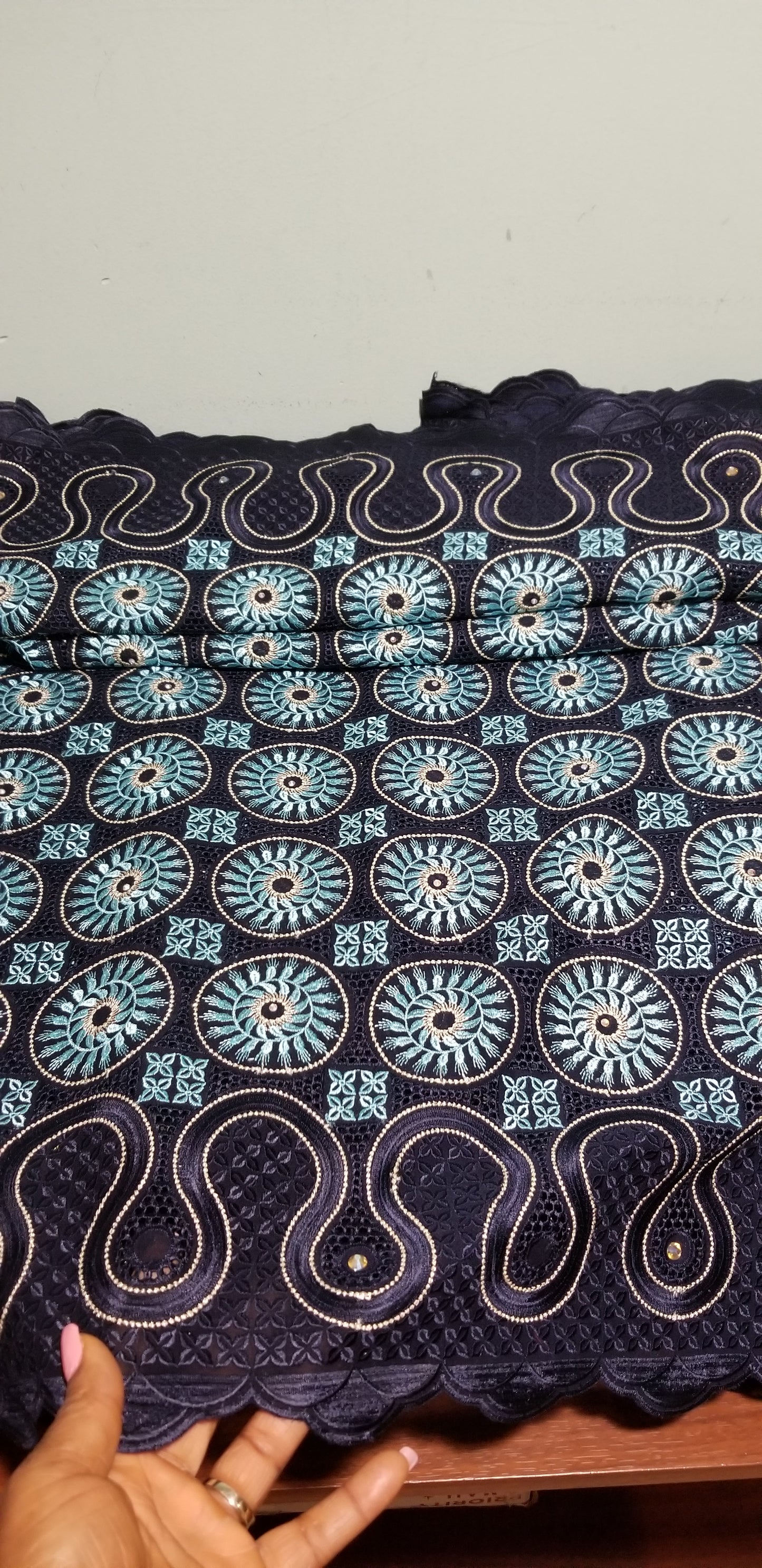 Sale Sale: VIP swiss embriodery voile lace. Exclusive quality Navy blue/turquoise. Sold per 5yds. Price is for 5yds. Nigerian celebrant swiss lace.