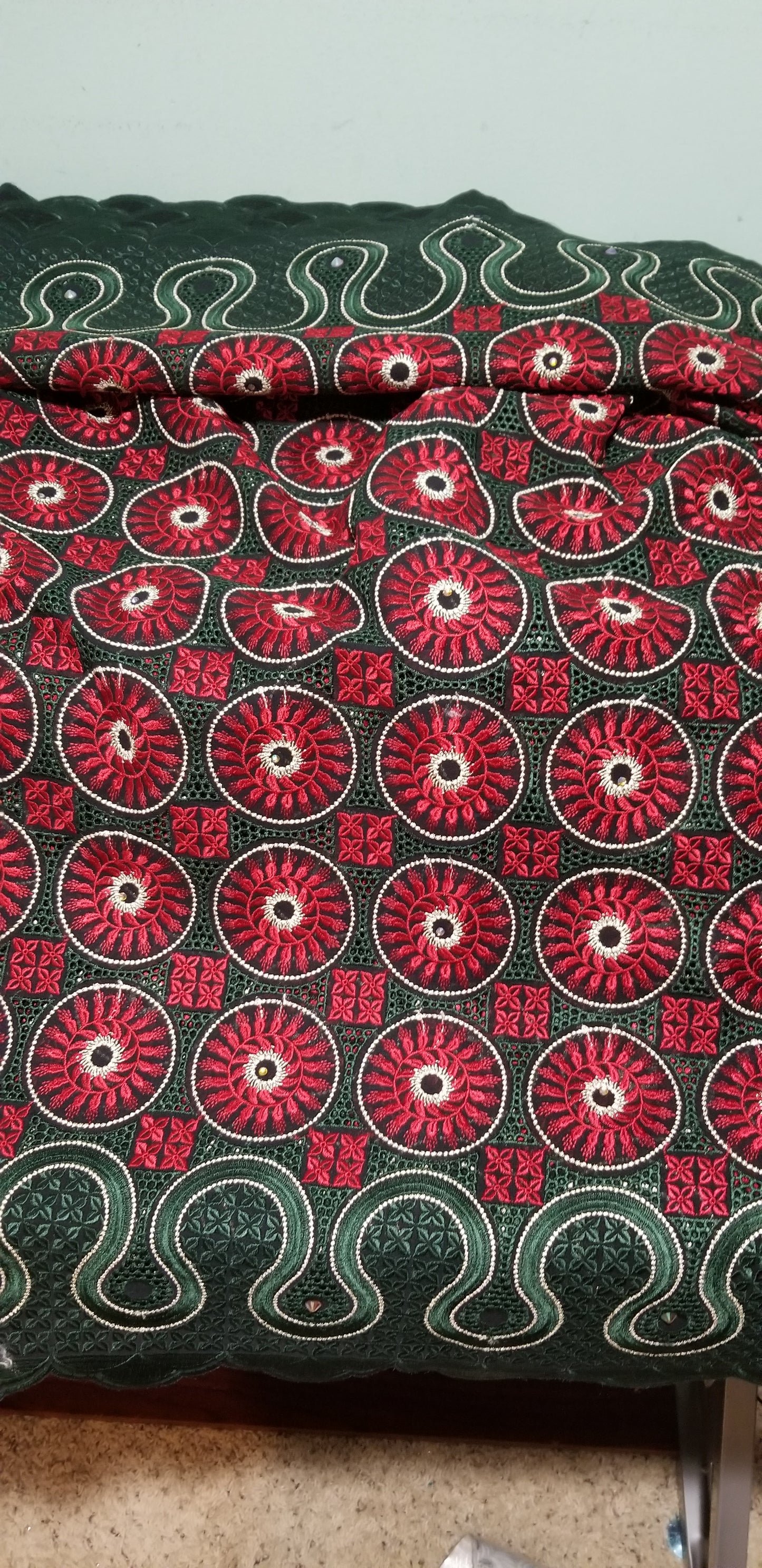 Exclusive swiss lace fabric in red/green. Nigerian traditional celebrant Swiss lace embroidered with quality, soft beautiful design. Sold per 5yds