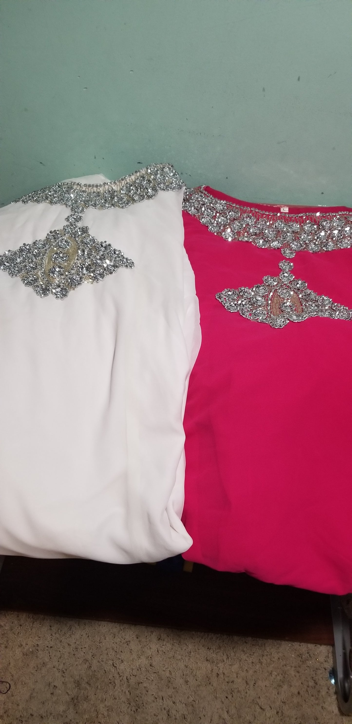 Fuschia pink Dubai Kaftan dress. 2 in 1 piece long free flowing kaftan for that special evening occasion. Stoned with silver crystal stones to perfection and elegance. Available in XL and 3XL