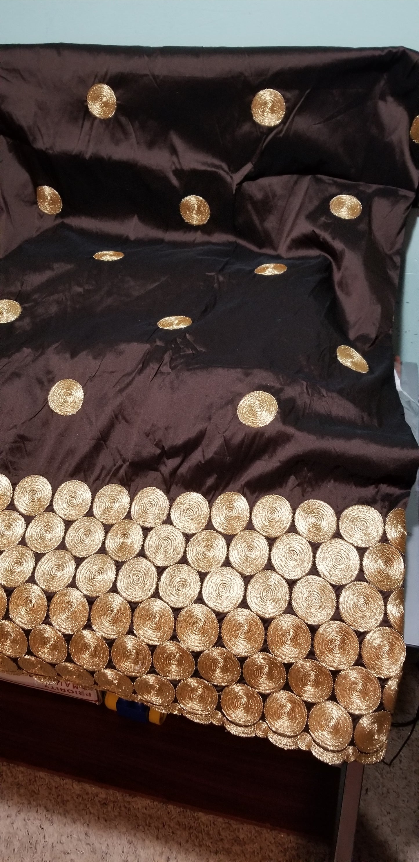 Hot sale! Original quality indian Embroidery Silk George wrapper for Nigerian party dresses. Indian-george. Beautiful chocolate brown with all over Gold embroidery Sold per 5yds. Feel the difference in Quality!!