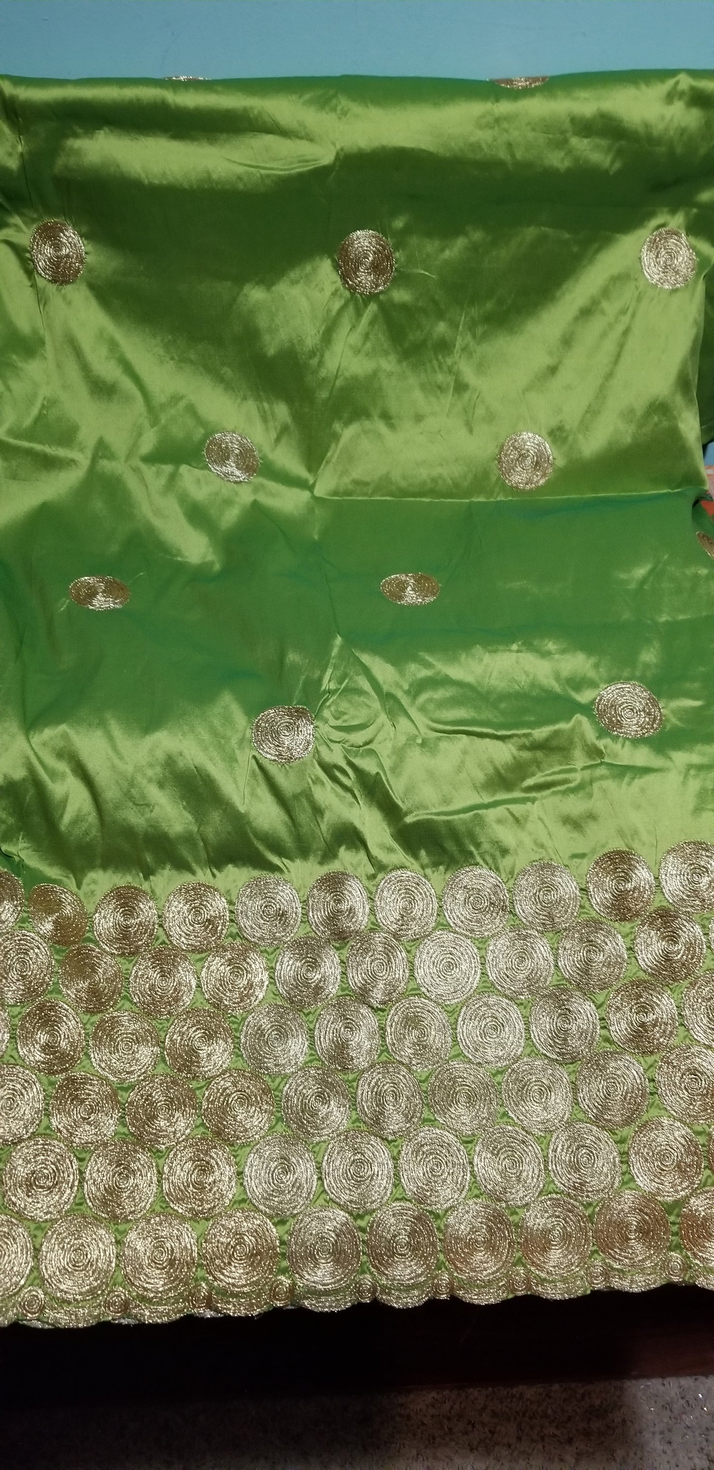 Hot sale! Original quality indian Embroidery Silk George wrapper for Nigerian party dresses. Indian-george. Beautiful lemon green with all over Gold embroidery Sold per 5yds. Feel the difference in Quality!!