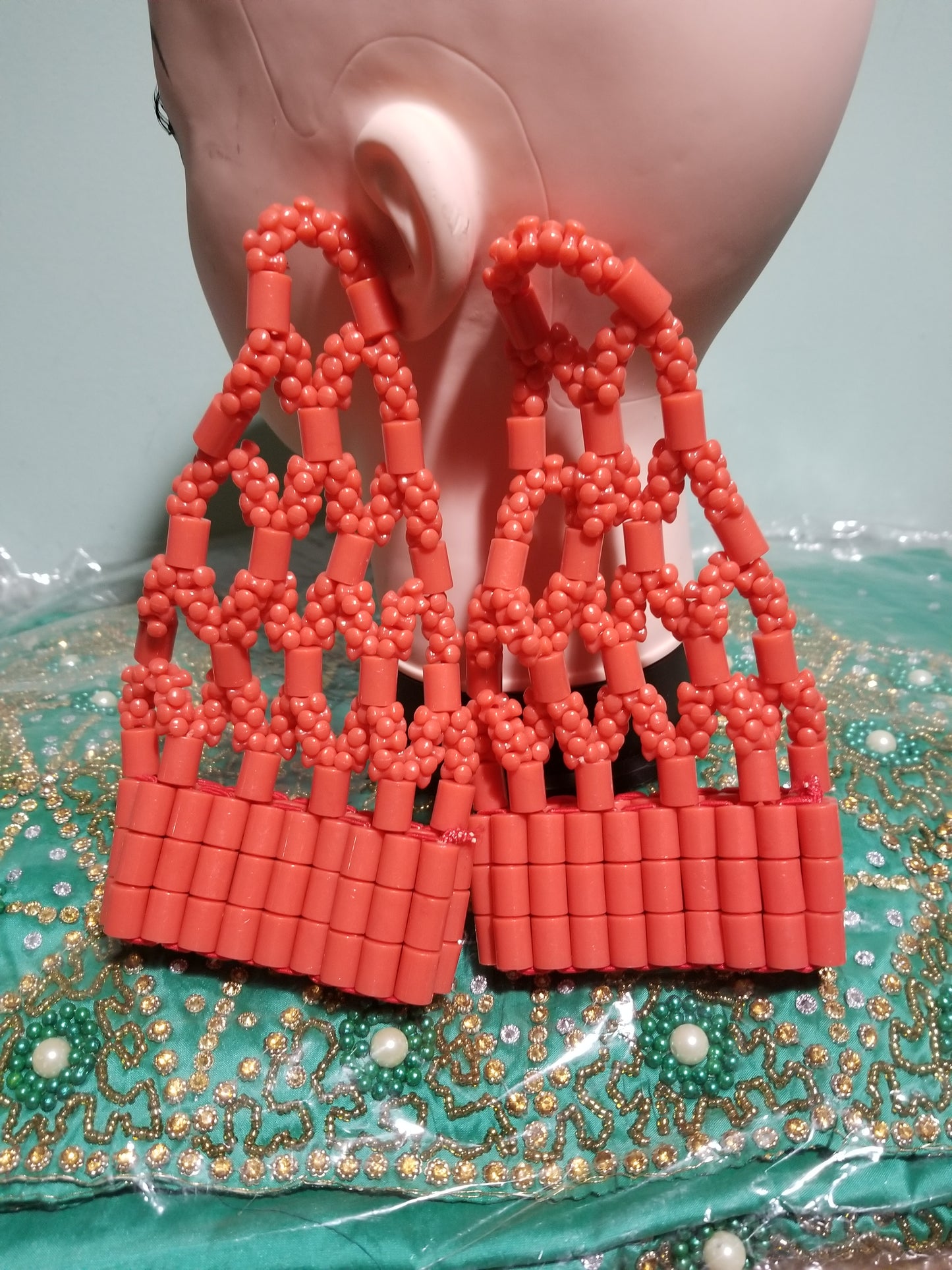 Coral Beaded Hand Glove for Nigerian Bride. Use for Traditional wedding ceremony by the Bride. One size fit all adult hand. Nigerian Bridal-accessories sold as a pair