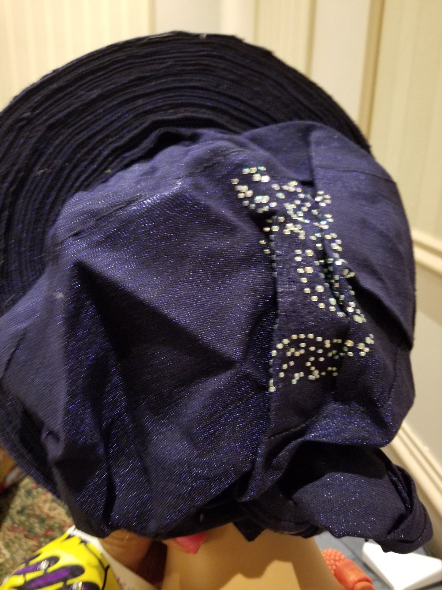 Navy Blue Auto-gele. Nigerian aso-oke made into auto gele. beaded and stoned. Party ready in less than 5 minutes. One size fit, easy adjustment at the back. Quality auto-gele