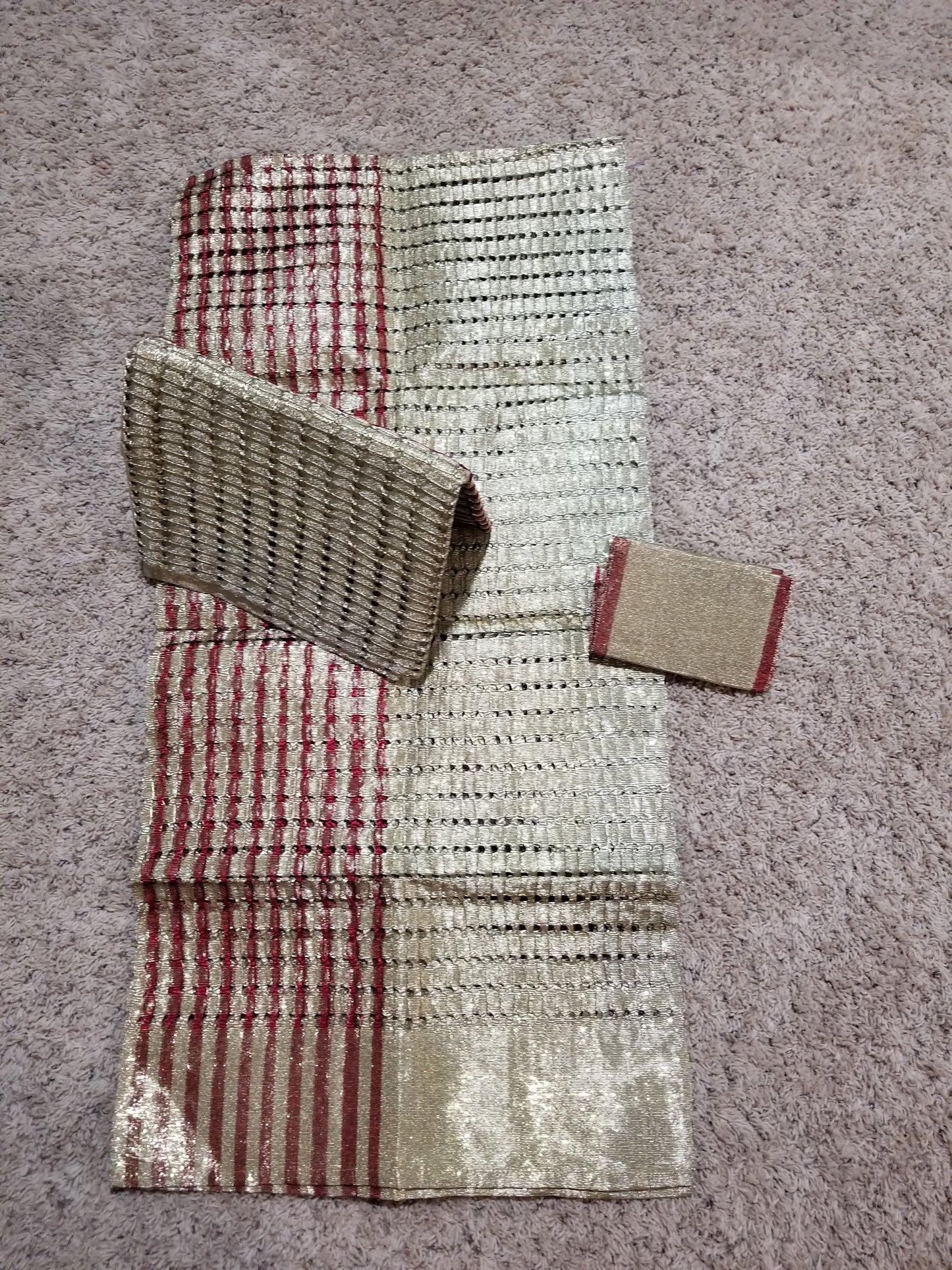 3pcs set Gold/wine Aso-oke gele/ipele/fila. Latest metalic aso-oke in basket design. Sold as a set. Use for Nigerian traditional wedding accessories for bride amd and groom. Top quality aso-oke woven in mother land.