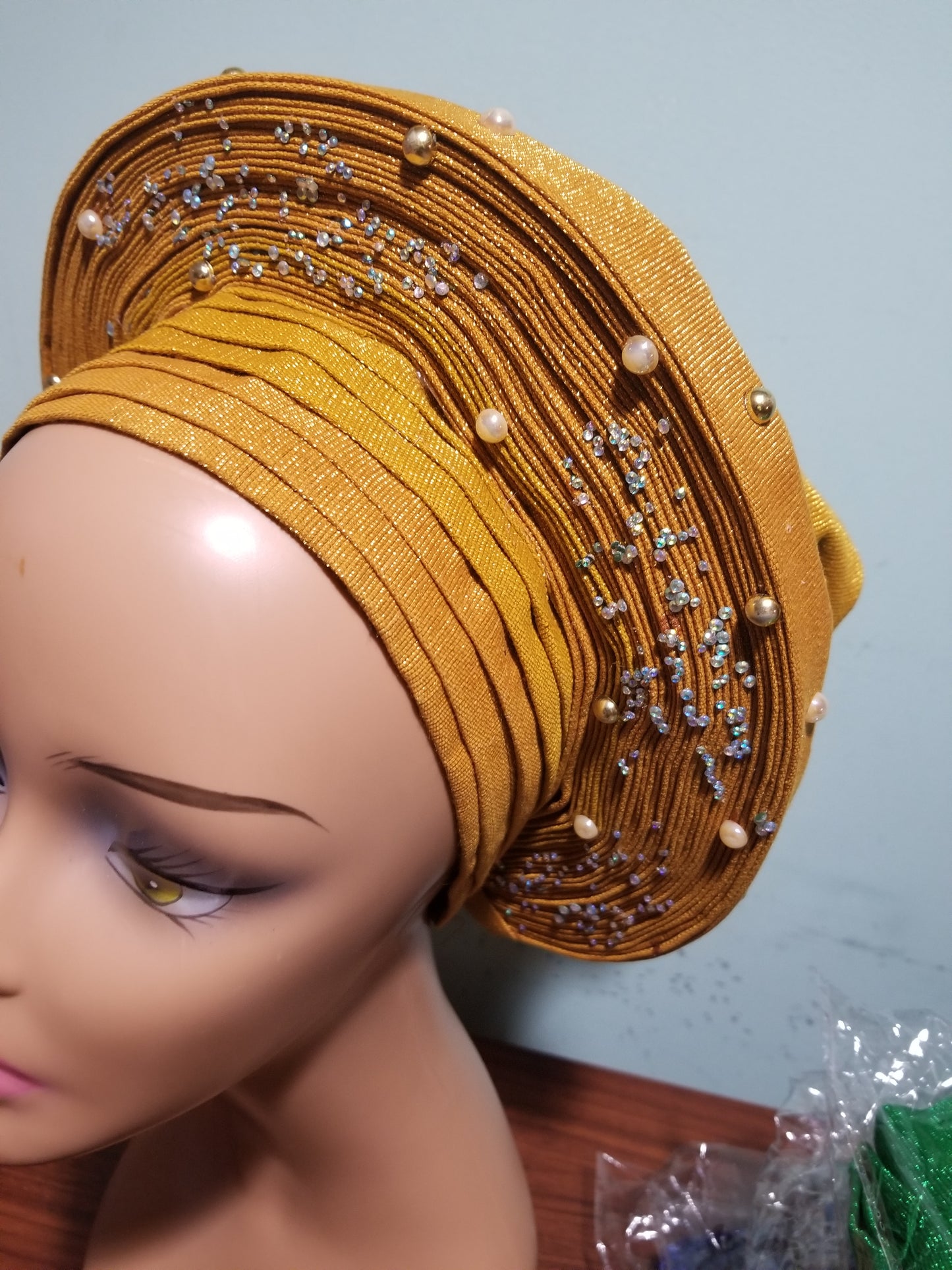Gold Auto-gele. Nigerian aso-oke made into auto gele. beaded gele. Party ready in less than 5 minutes. One size fit, easy adjustment at the back