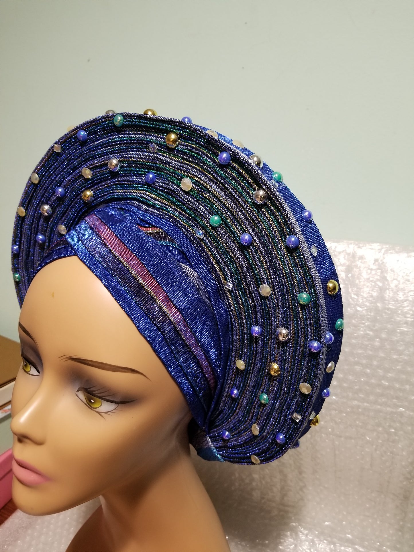Royal blue multi-color Auto-gele. Nigerian aso-oke made into auto gele. beaded gele. Party ready in less than 5 minutes. One size fit, easy adjustment at the back