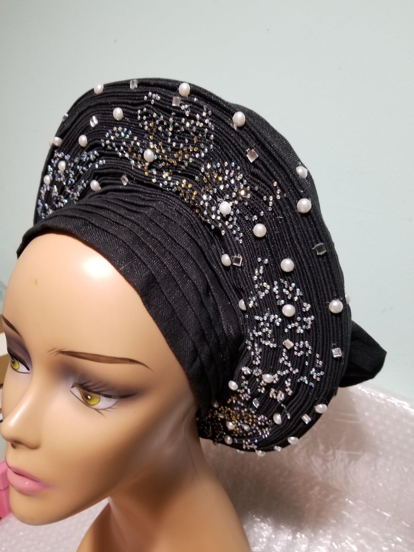 Clearance: Black beaded and stoned auto-gele. Wahala free gele aleeady made for you. One piece with adjustment to fit at the back