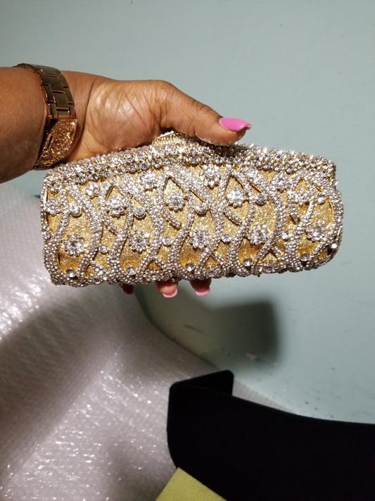 Sale Quality evening hand clutch. Crystal Clutch/purse. 8" long x 5" wide. All over dazzling crystal stones. Gold/silver crystal stones