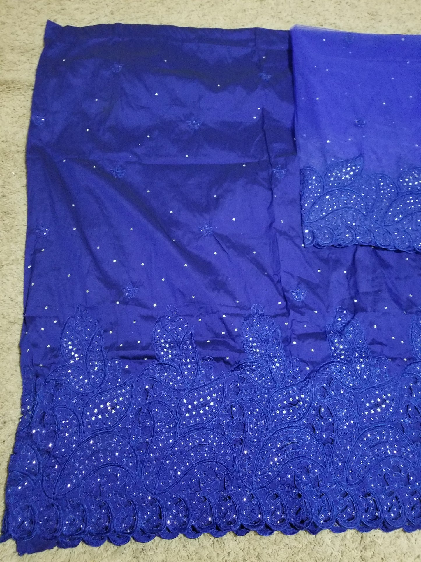 Special sale of quality royal blue Embroidery silk George wrapper + net blouse. Small-George. Sold as a set of 5yds wrapper and 1.8yds matching blouse