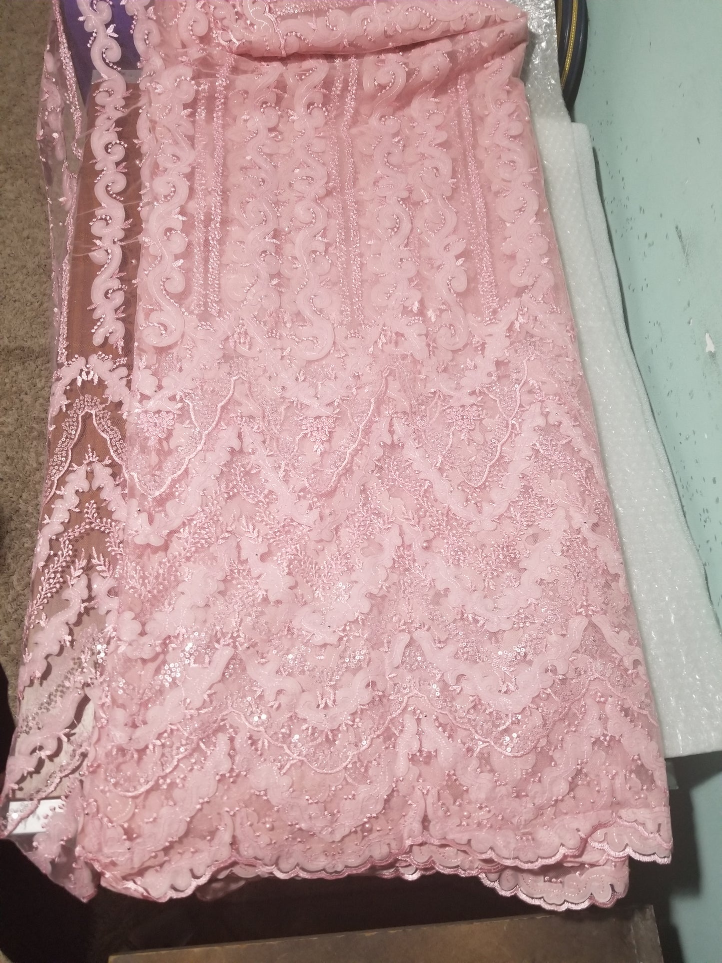 New arrival soft pink net French lace fabric. Quality lace stoned with pearls and sequins. Sold per 5yds. African french lace fabric. Rich quality for wedding dress
