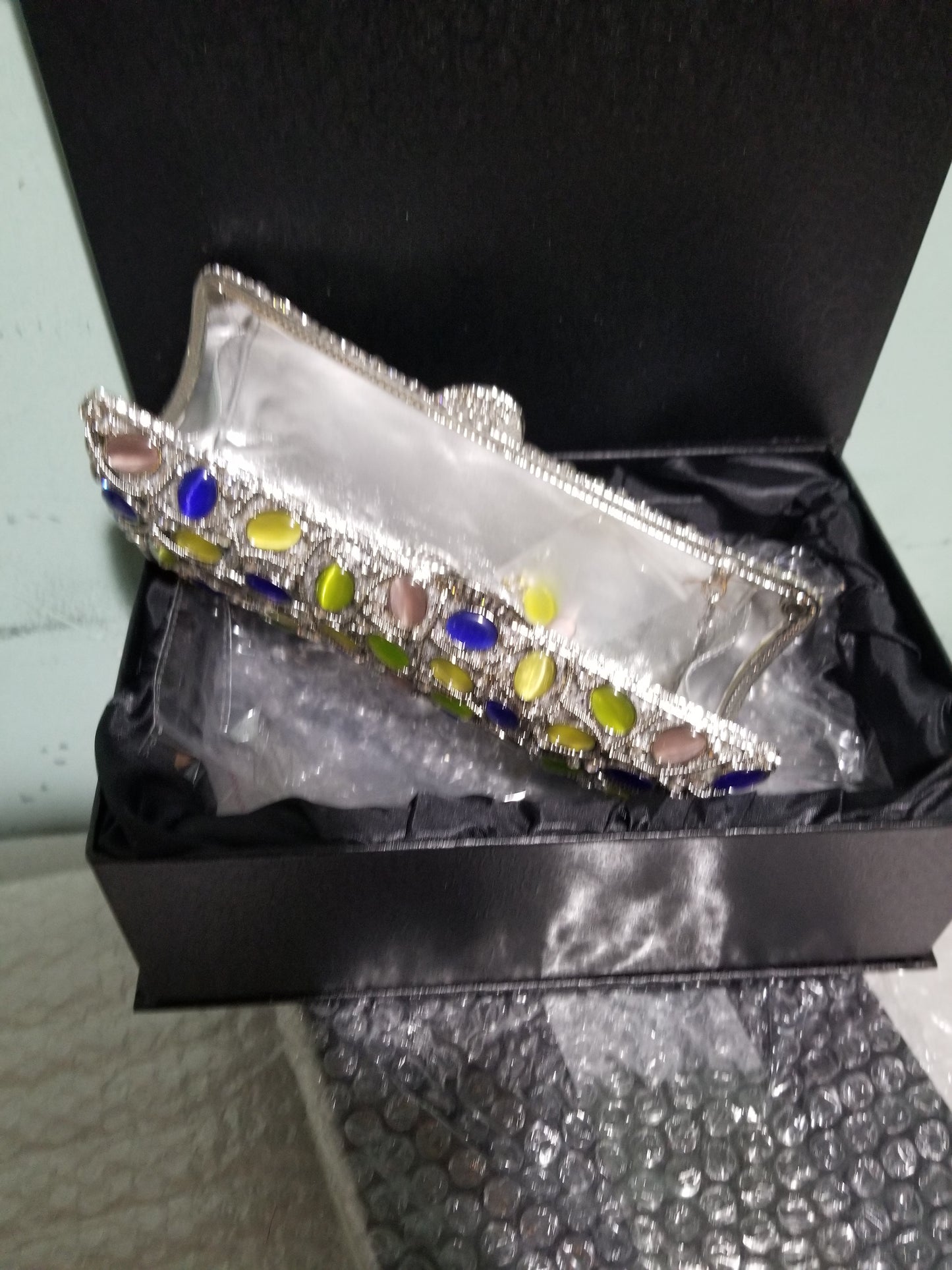 Quality evening hand clutch. Crystal Clutch/purse. All over dazzling crystal stones. Silver/ multi color crystal stones