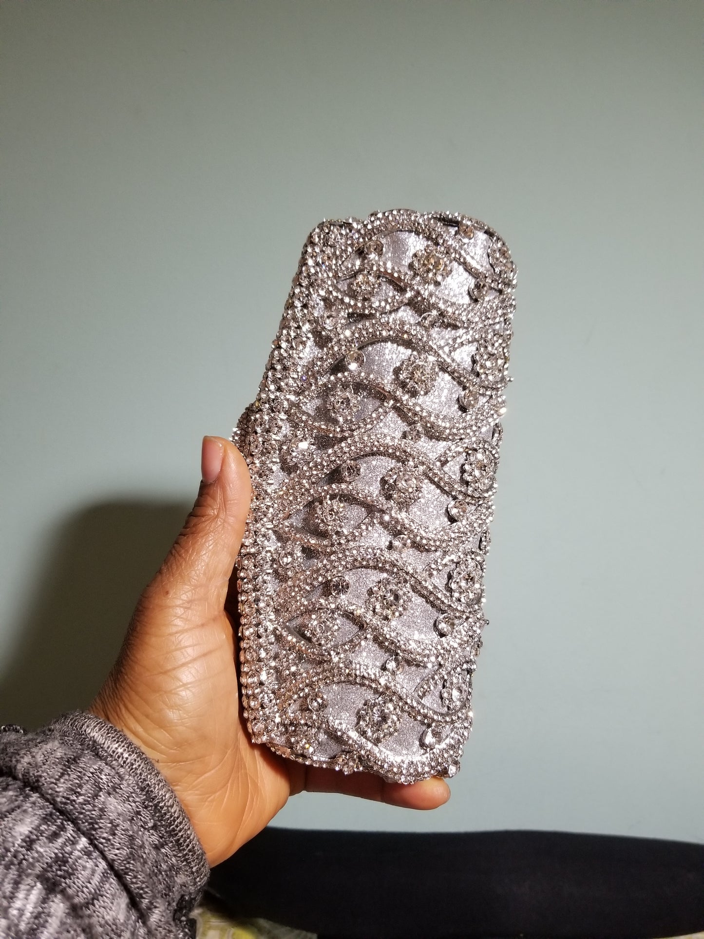 Sale Quality silver evening hand clutch. Crystal Clutch/purse. 8" long x 5" wide. All over dazzling crystal stones. silver crystal stones