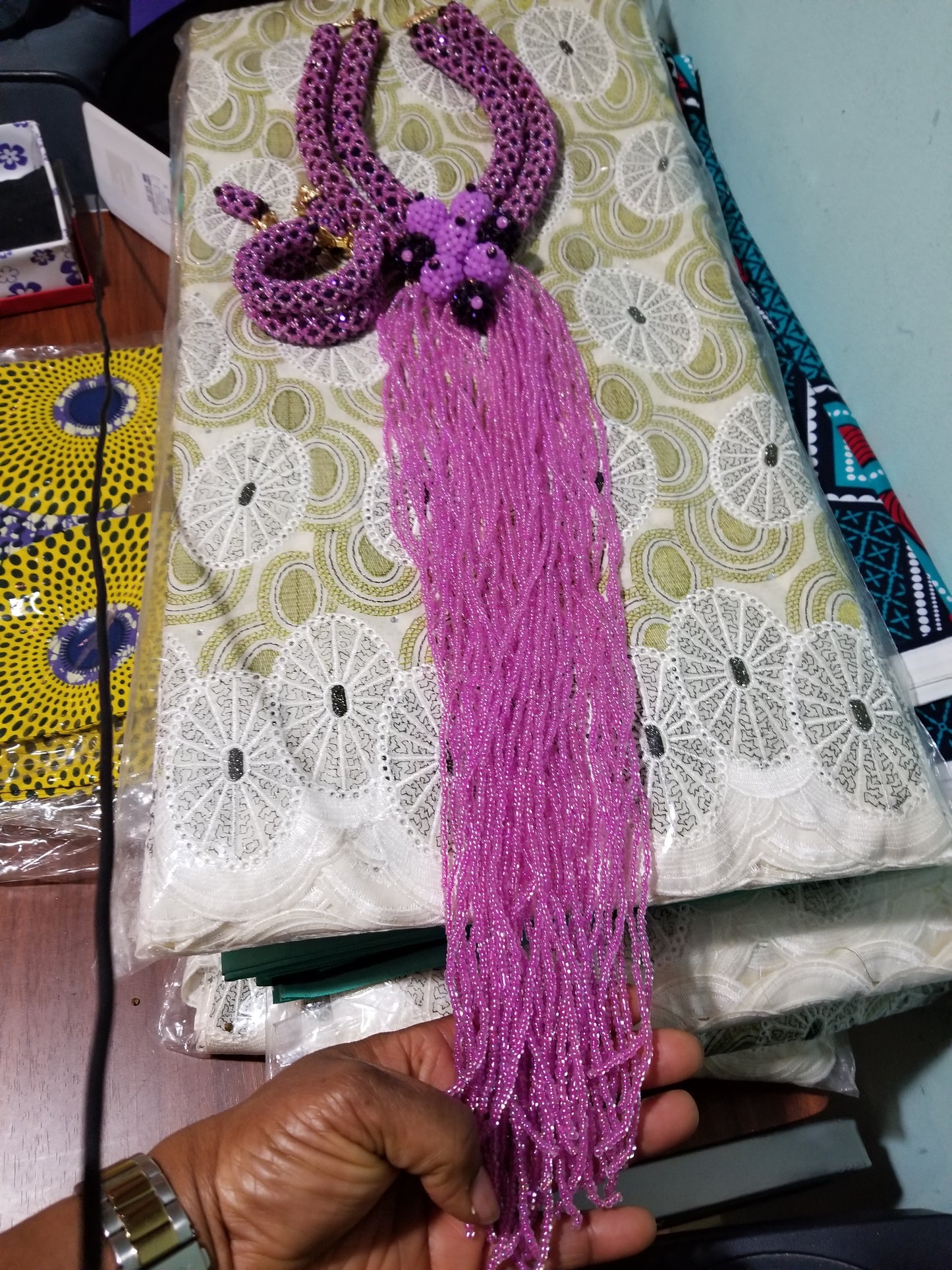 Clearance Purple/lilac 2 row choker beaded necklace with long droppings. Exclusive design for Nigerian/African weddings. Coral-necklace