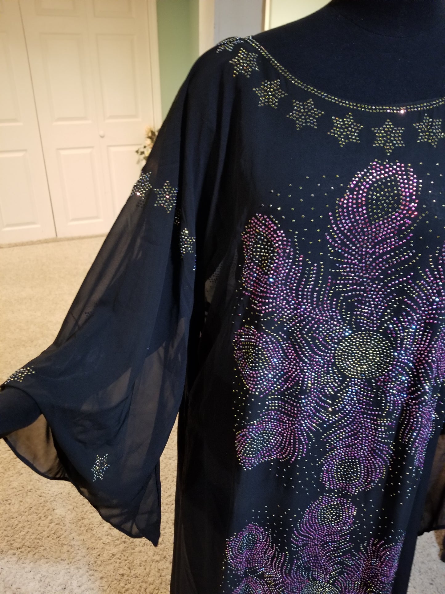 Ready to ship: Black dubai kaftan dress. free flowing embellished with Multi color Swarovski stones front and back dress to perfection. Availablein size, M,L,XL and XXL.. Chiffon includes headtie. 60' long