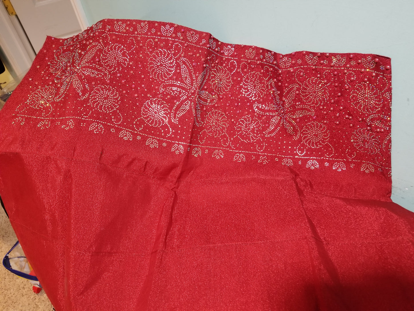 Beautiful tomato Red aso-oke. Nigerian traditional Aso-oke for making head wrap. Hand woven and beaddazzled with crystal stones and beads at the border for perfect headwrap finish. Gele only. Extra wide gele for bigger head wrap. 72" long × 26" wide