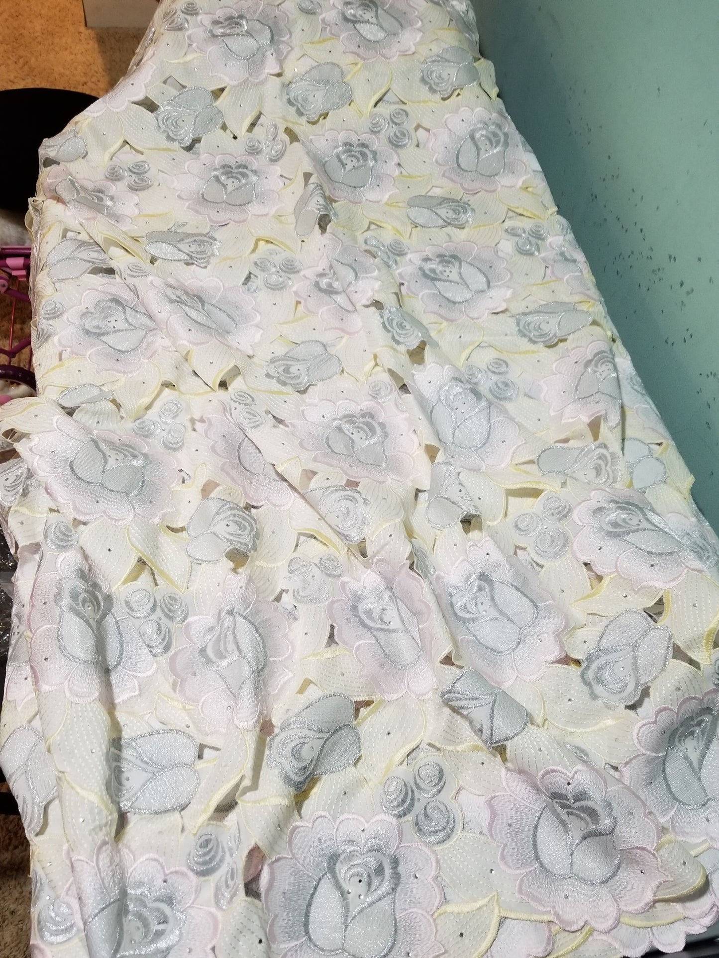 Clearance: Beautiful soft texture white/pink/silver hand cut Swiss lace fabric. All over embriodery and stones. Original quality design. African fabric Sold per 5yds.price is for 5yds. Only 5yds left