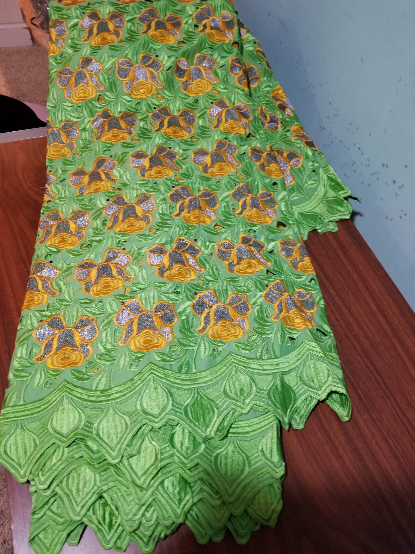 Clearance: Beautiful soft texture Green/mustered gold hand cut Swiss lace fabric. All over embriodery and stones. Original quality design. African fabric Sold per 5yds.price is for 5yds. Only 5yds left