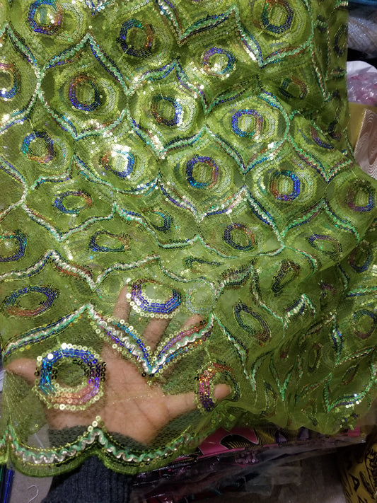 Clearance: Lemon green sequence net French lace fabric for making Blouses for wrapper or dresses. Igbo/Delta/Edo women blouse fabric. This is about 2yrds total piece for sale. Can be use to combination style. 5yds lenght,
