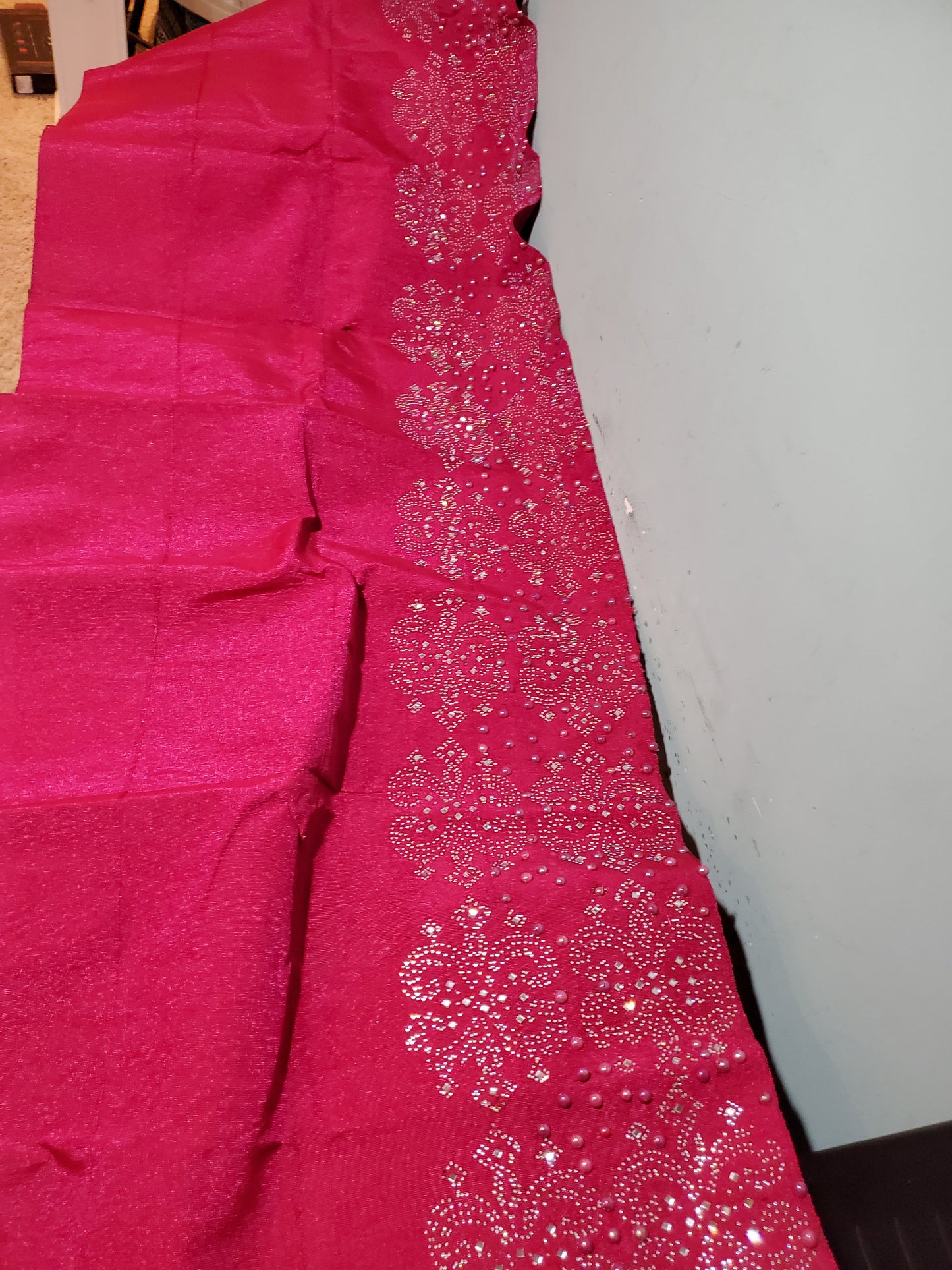 Bonus sale: Exclusive fully loaded Super quality Hot pink VIP Madam Net George wrapper for Nigerian bridal/Celebrant outfit. all over hand beaded + crystal stones 2.5yds+ 2.5yds + 1.8yds + bedazzled aso-oke gele. Sold as a set.
