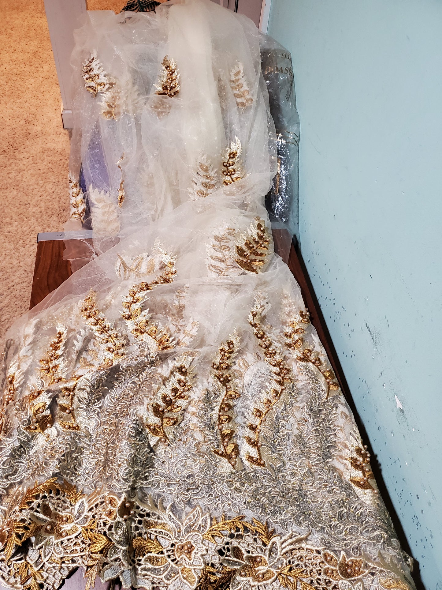 Clearance:. Classic Embriodery Net beaded and stoned George lace fabric. Original quality. Sold per 5yds. Beige/Gold embriodery. African French lace/George wrapper.