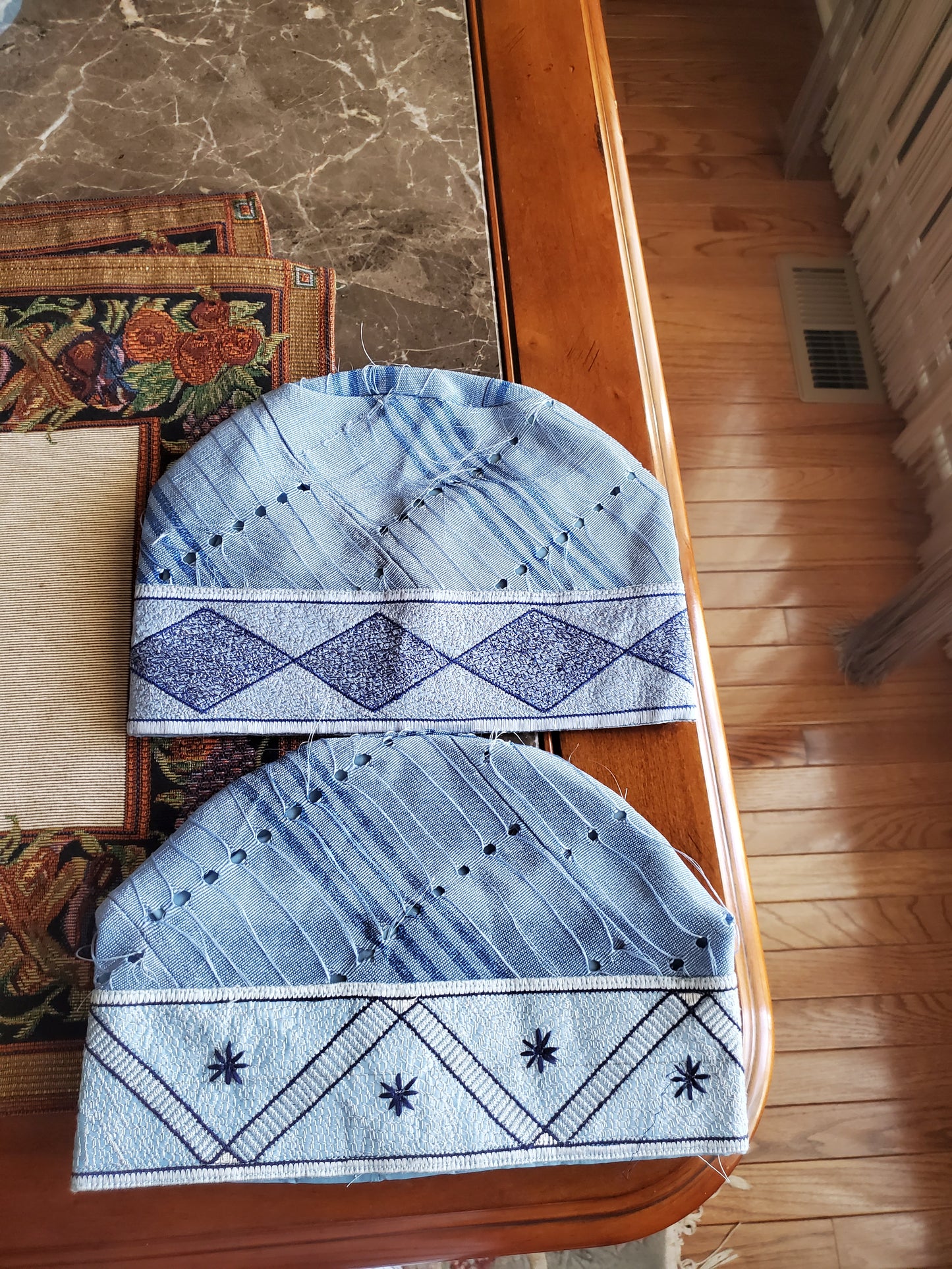 Sky blue  Nigerian Agbada Men-cap made with Aso-oke fabric with embroidery design. Only size 22 available.