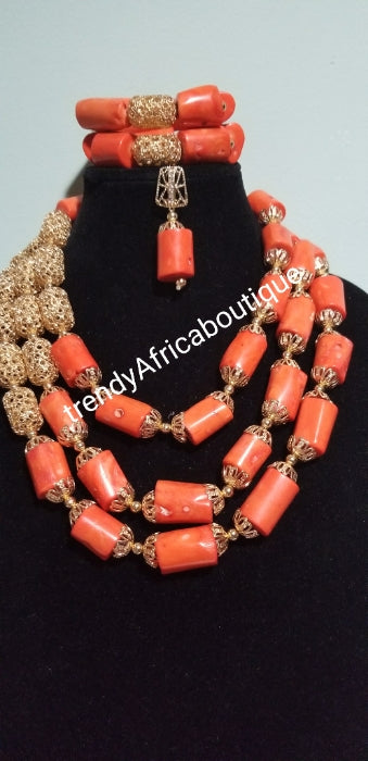 New arrival coral-necklace set. Latest 3 rows Nigerian celebrant beaded necklace set. Coral/gold color