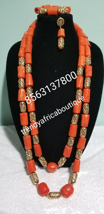 Back in stock: Nigerian traditional wedding Edo Coral beaded necklace set in 2 long rows with earrings and bracelet. coral-necklace Sold as a set. Original edo beads for ceremony