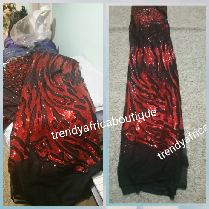 Red/black net sequence Nigerian french lace fabric for making party dress. Sold per 5yds