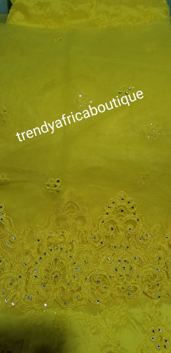 Special Sale: Quality Embroidery Silk George wrapper sweet Yellow Color. Full 5yard and 1.8yds matching blouse fancy Indian-George for making Nigerian/African party dresses