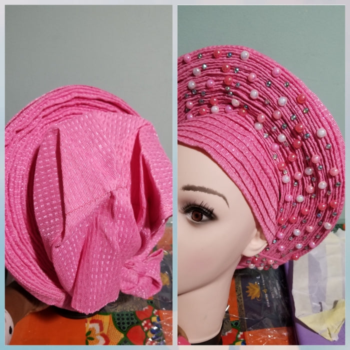 Pink Auto-gele. Nigerian aso-oke made into auto gele. Silver color, beaded and stoned. Party ready in less than 5 minutes. One size fit, easy adjustment at the back