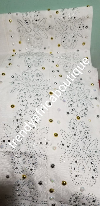 Clearance Nigerian woven cotton Aso-oke for making Gele. Latest Bedazzled Aso-oke design for special occasion. Pure white/White aso-oke is sold as Gele only and price is for one gele