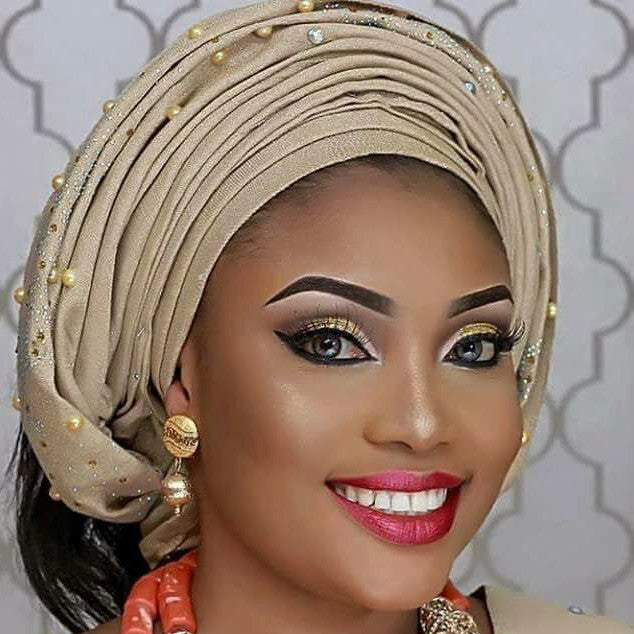 Black Gele/Head wrap Traditional Nigerian Aso-oke with stones/beads boarder. Sold as Gele only. 68 inch long by 19inch wide