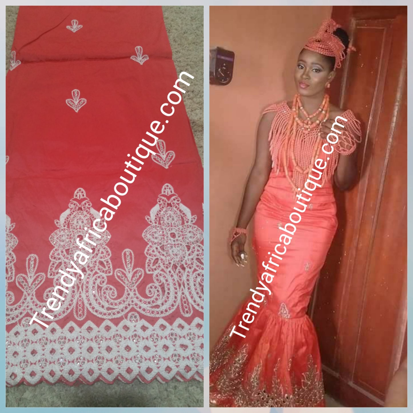 Sale: Coral/white embroidery fancy Indian-George wrapper and a matching net blouse. 5yds. And 1.8yds blouse. Small-George.