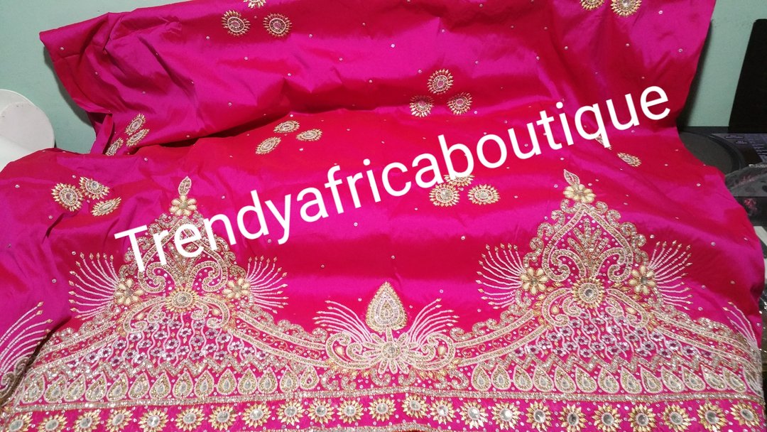 Clearance Big George: classic hot pink heavily Beaded and Stoned VIP/Nigerian traditional George wrapper. Classic Wrapper for Igbo/Nigerians traditional wedding outfit. Solt as 2 wrapper + 2yds matching net for blouse. Quality guarantee!!!