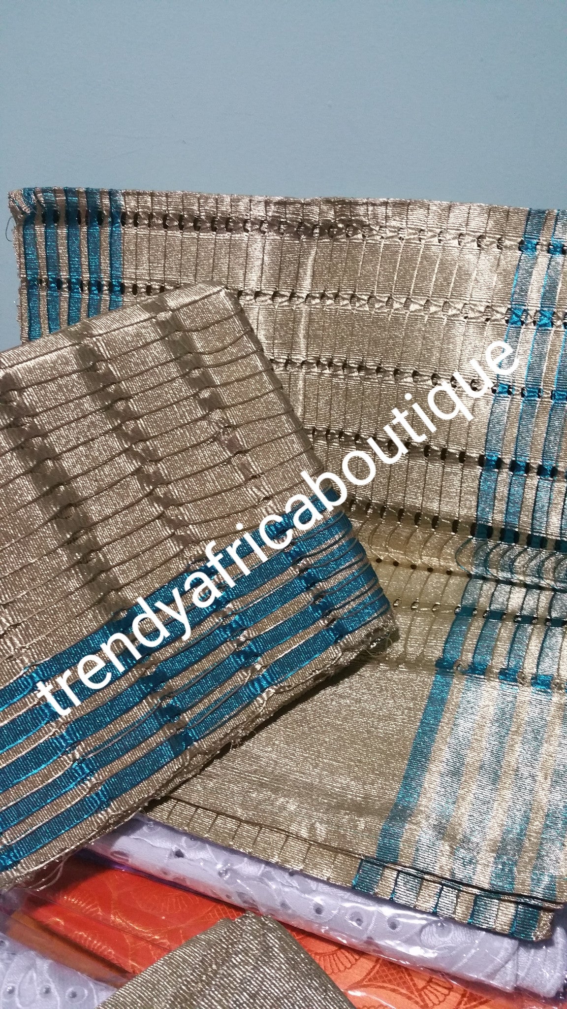 Champagn gold/turquoise blue Aso-oke gele + Ipele+Fila set. Nigerian traditional wedding aso-oke woven in Nigeriai, original quality. Sold as a set and price is for set